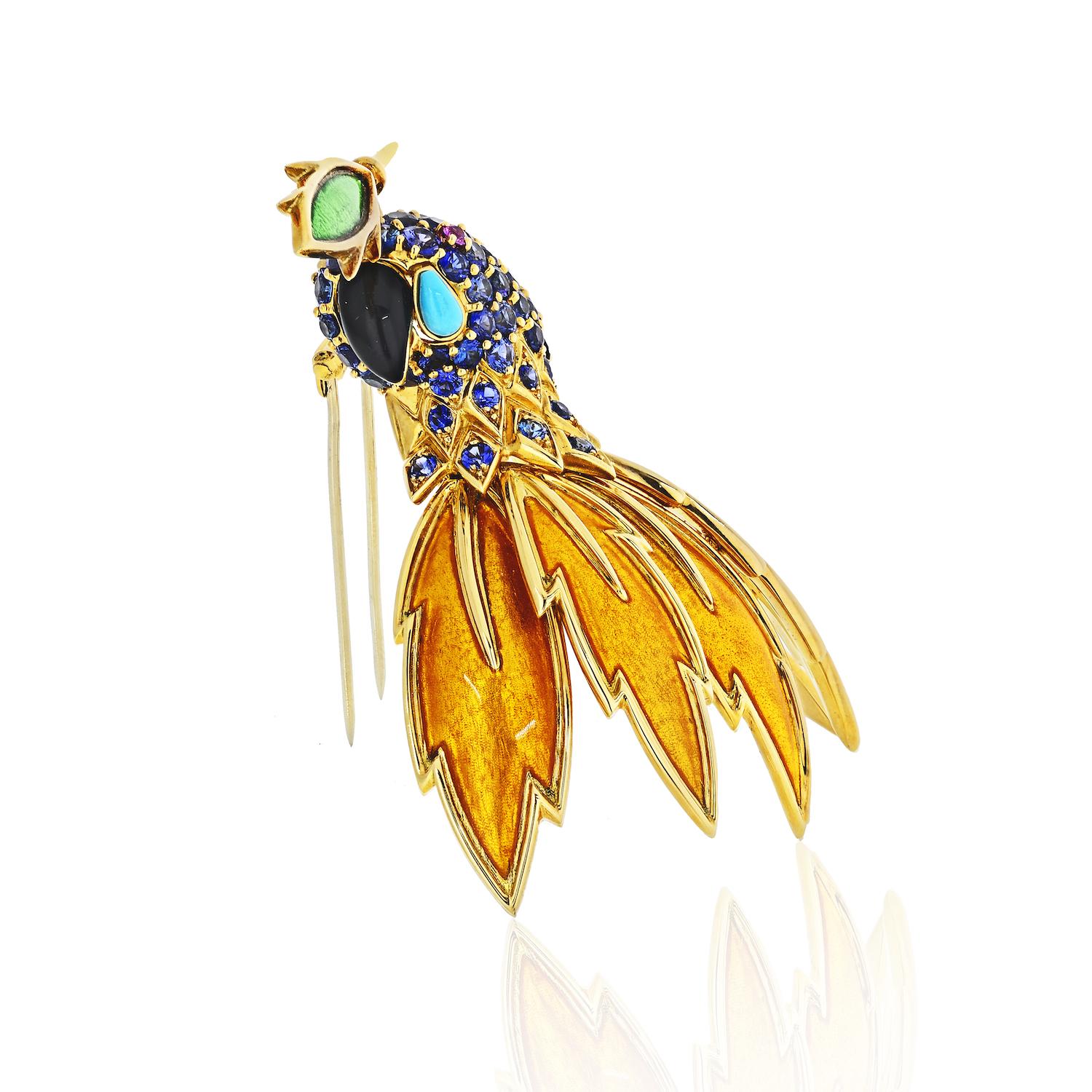 AN ENAMEL AND MULTI-GEM PARROT BROOCH, BY JEAN SCHLUMBERGER, TIFFANY & CO.

The circular-cut sapphire head with a black enamel beak, a circular-cut ruby eye and cabochon turquoise detail, accented by a serrated green enamel leaf, the body designed