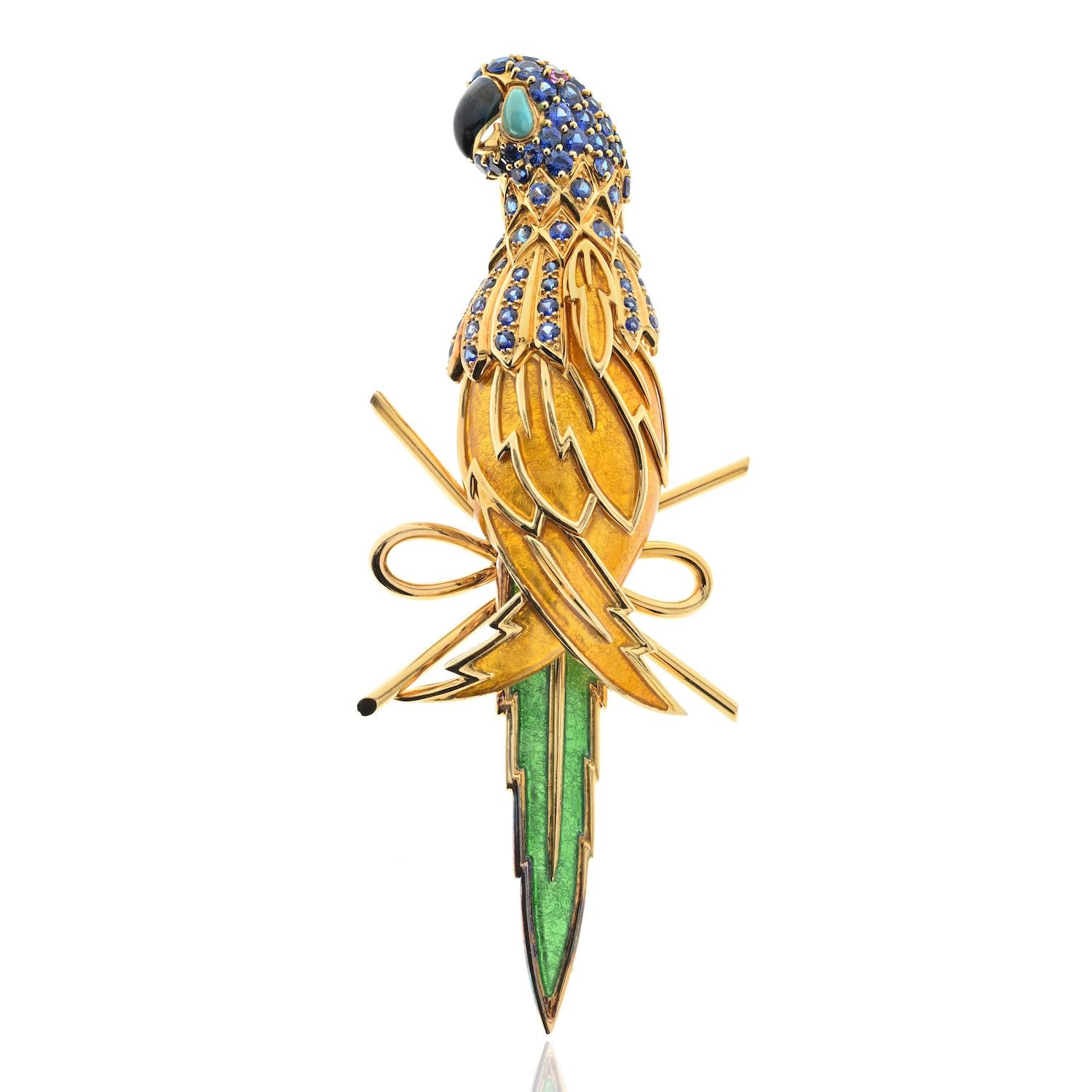 AN ENAMEL AND MULTI-GEM PARROT BROOCH, BY JEAN SCHLUMBERGER, TIFFANY & CO.

Embark on a journey of vibrant elegance with the Tiffany & Co. Jean Schlumberger Enamel and Multi-Gem Parrot Brooch, a true masterpiece of wearable art. Crafted with