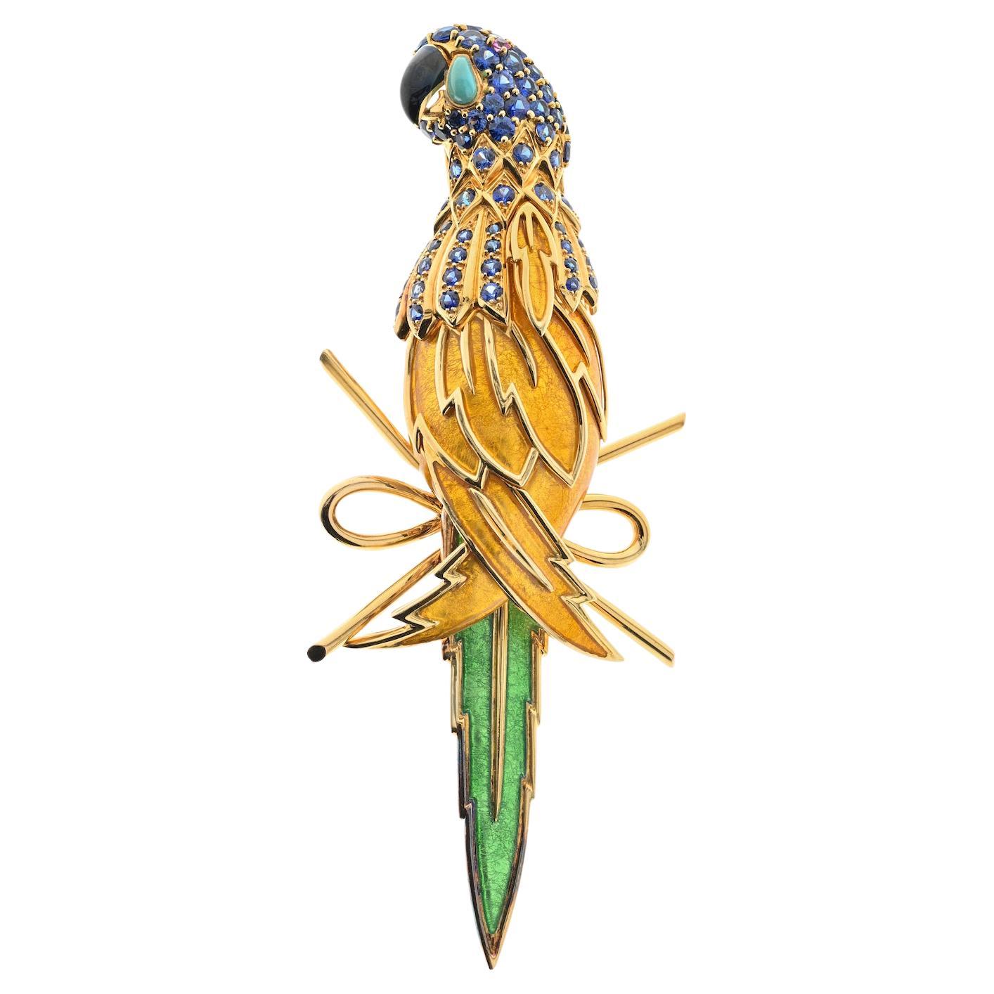 Jean Schlumberger Bright Enamel Gem Parrot Brooch