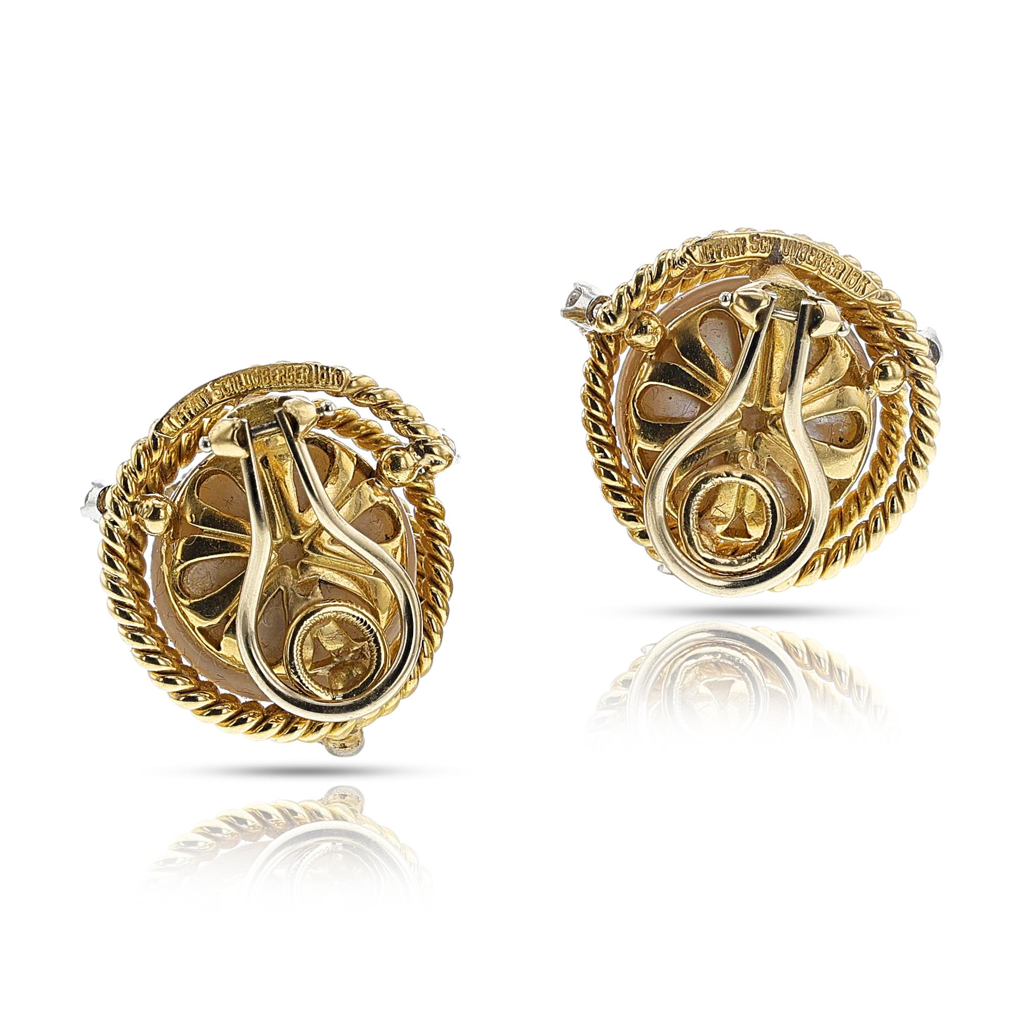 Round Cut Jean Schlumberger by Tiffany Rope-work Pearl and Diamond Earrings, 18k