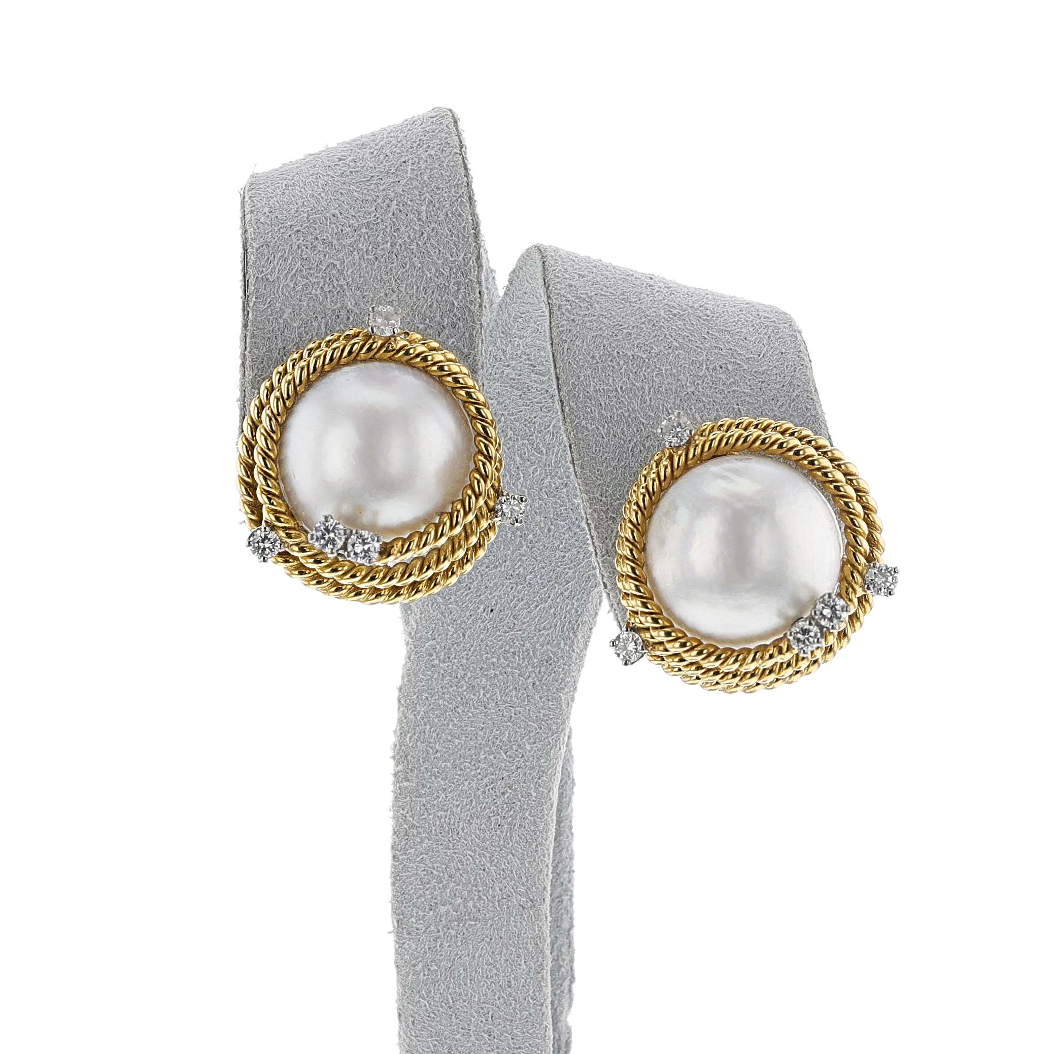 Jean Schlumberger by Tiffany Rope-work Pearl and Diamond Earrings, 18k In Excellent Condition In New York, NY