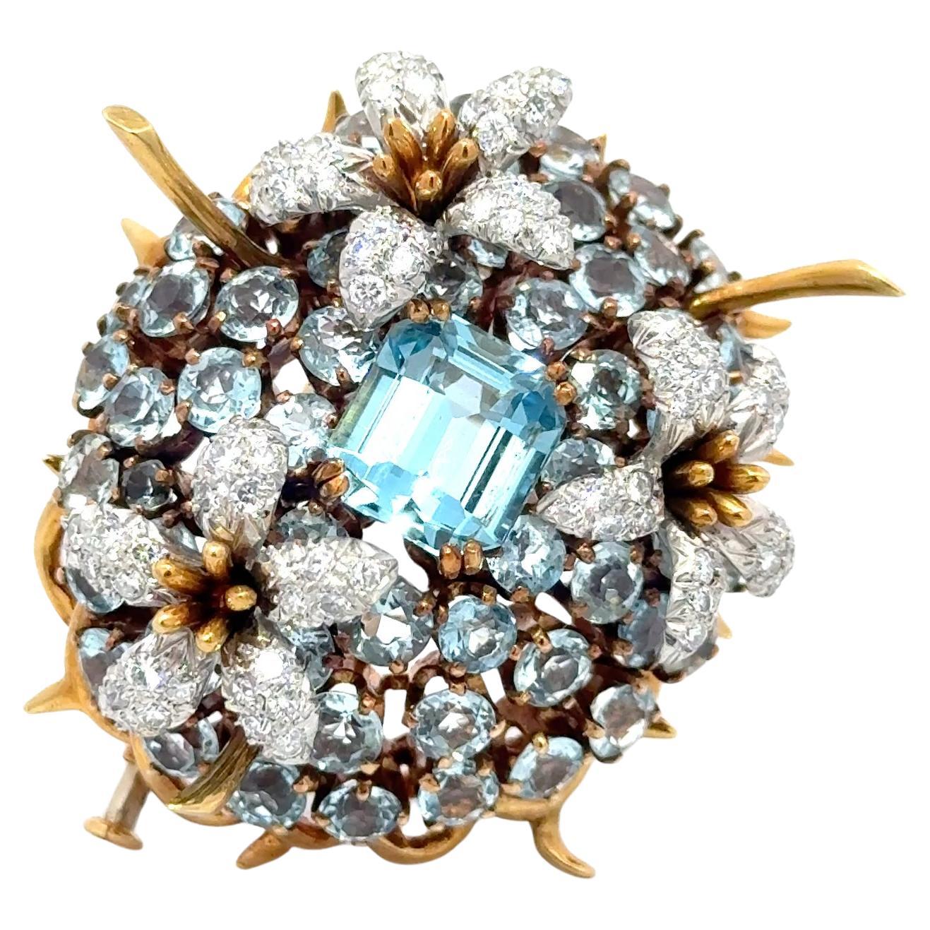 Tiffany & Co. Schlumberger Aquamarine Diamond Floral "Cousins" Brooch