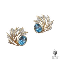 Jean Schlumberger pour Tiffany & Co. Boucles d'oreilles aigue-marine et diamant sept feuilles