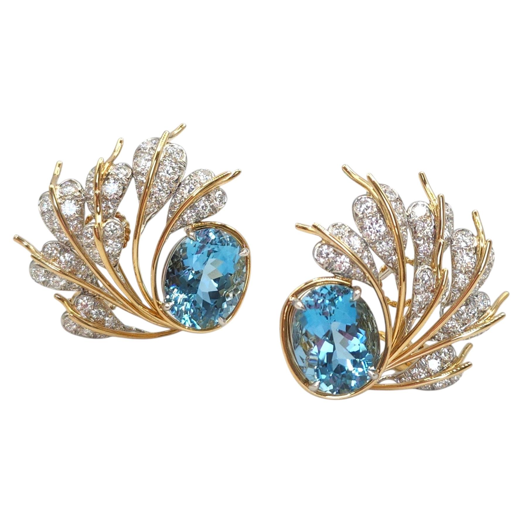 Jean Schlumberger pour Tiffany & Co. Boucles d'oreilles aigue-marine et diamant sept feuilles