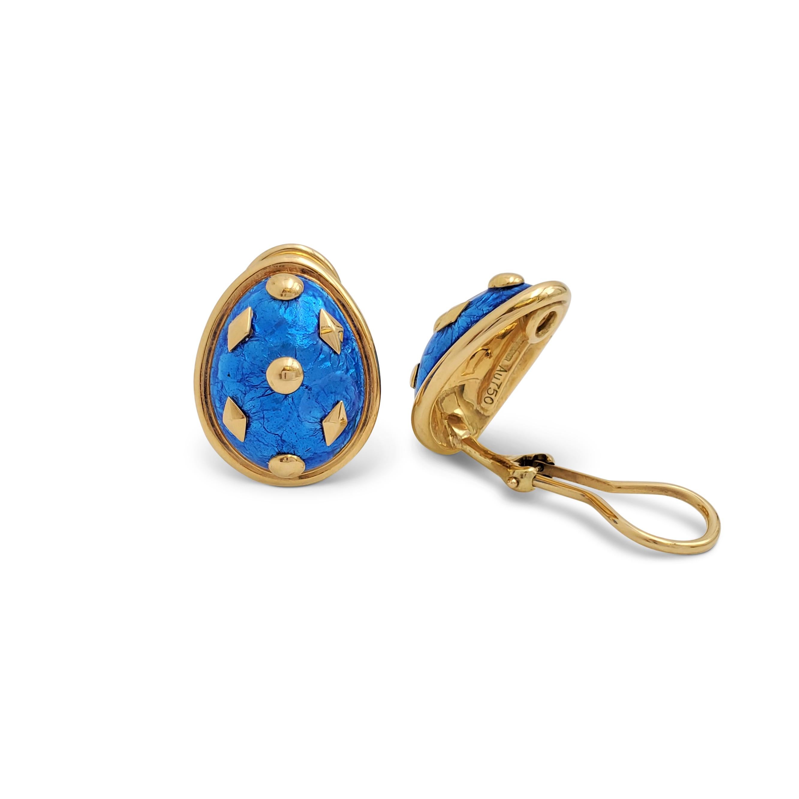 Authentic classic design by Tiffany & Co. designer, Jean Schlumberger. The domed shaped earrings are crafted in high polish yellow gold with bright blue enamel that is accented by a scattering of raised gold circle and rhombus motifs. Signed Tiffany