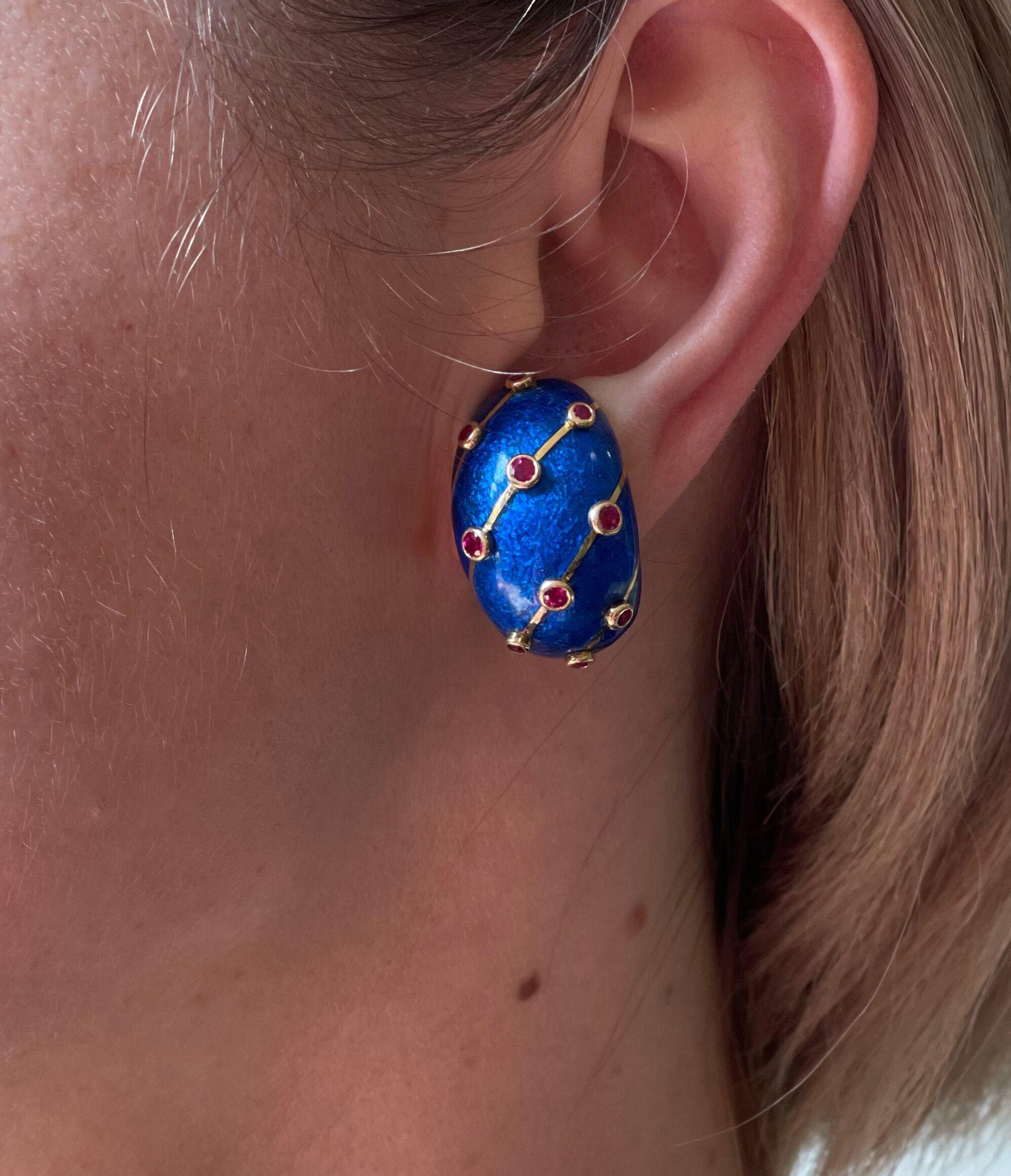 Pair of 18k gold banana earrings,  designed by Jean Schlumberger for Tiffany & Co, set with bright blue enamel and rubies. Earrings  measure 1 1/8