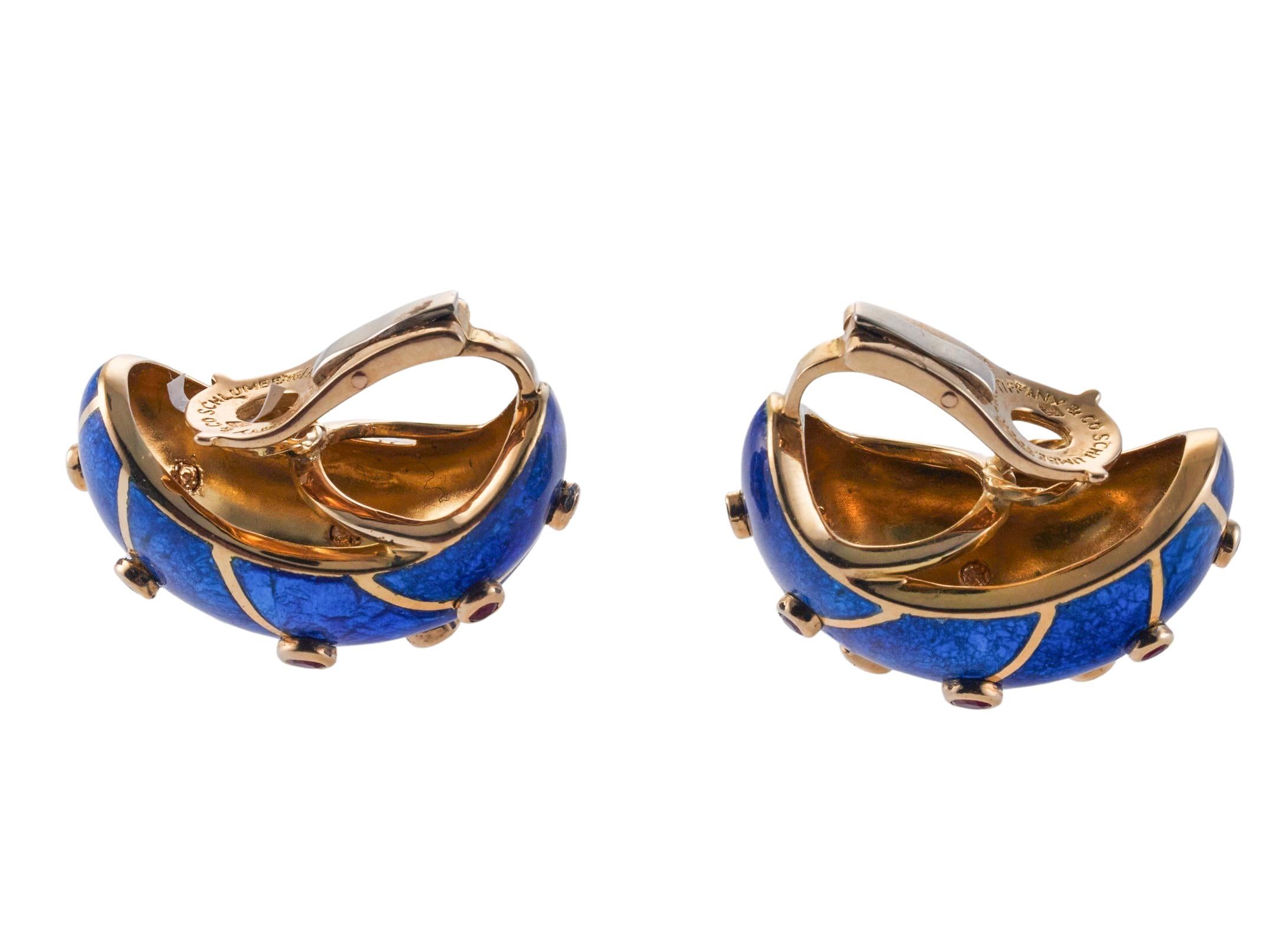 Round Cut Jean Schlumberger for Tiffany & Co Blue Enamel Ruby Gold Banana Earrings For Sale