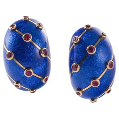 Jean Schlumberger for Tiffany & Co Blue Enamel Ruby Gold Banana Earrings