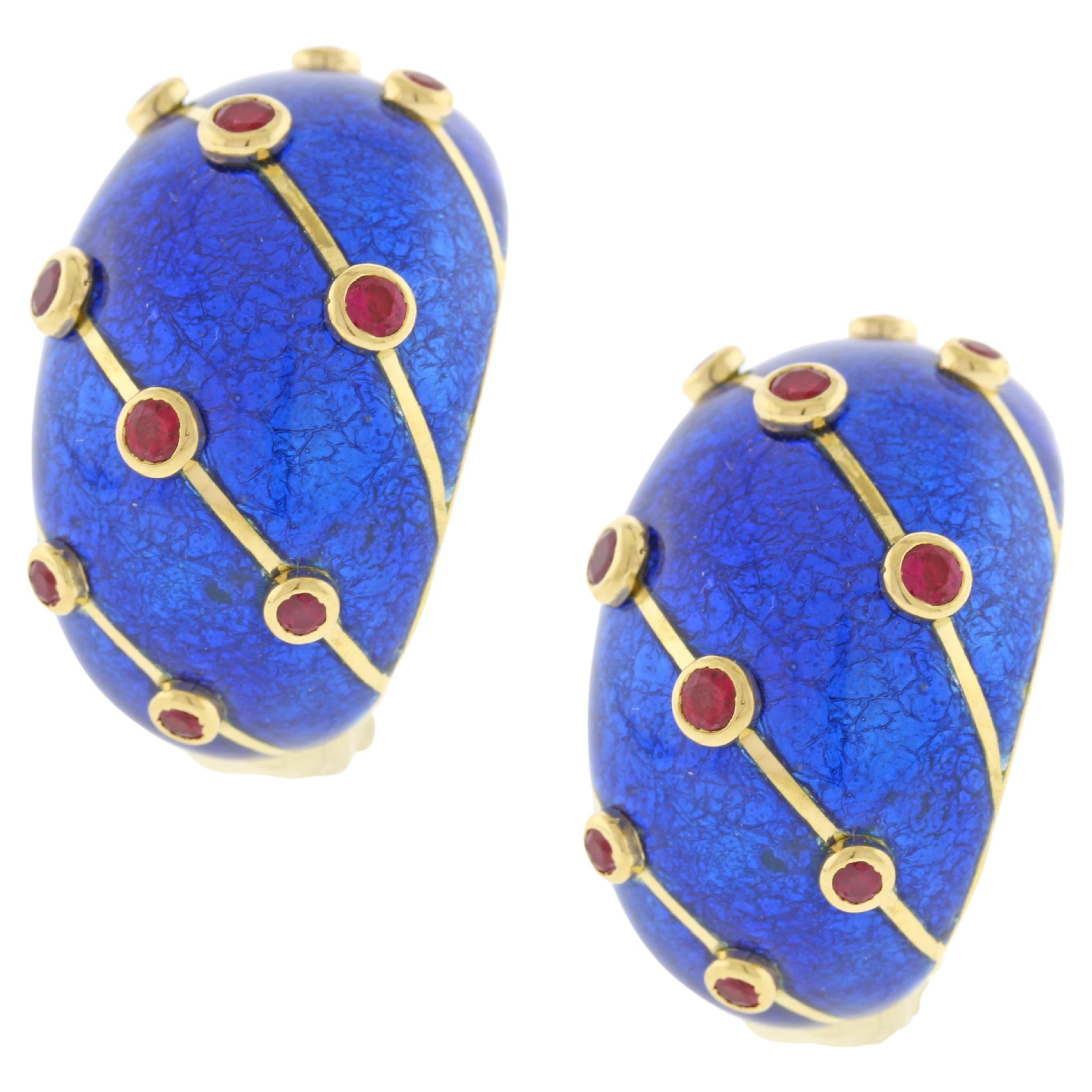 Jean Schlumberger for Tiffany & Co. Cobalt Blue Enamel and Ruby Banana Earrings