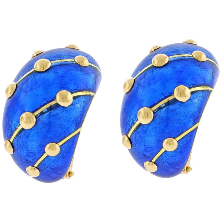 Jean Schlumberger for Tiffany and Co. Cobalt Blue Enamel Banana Earrings For Sale at 1stDibs