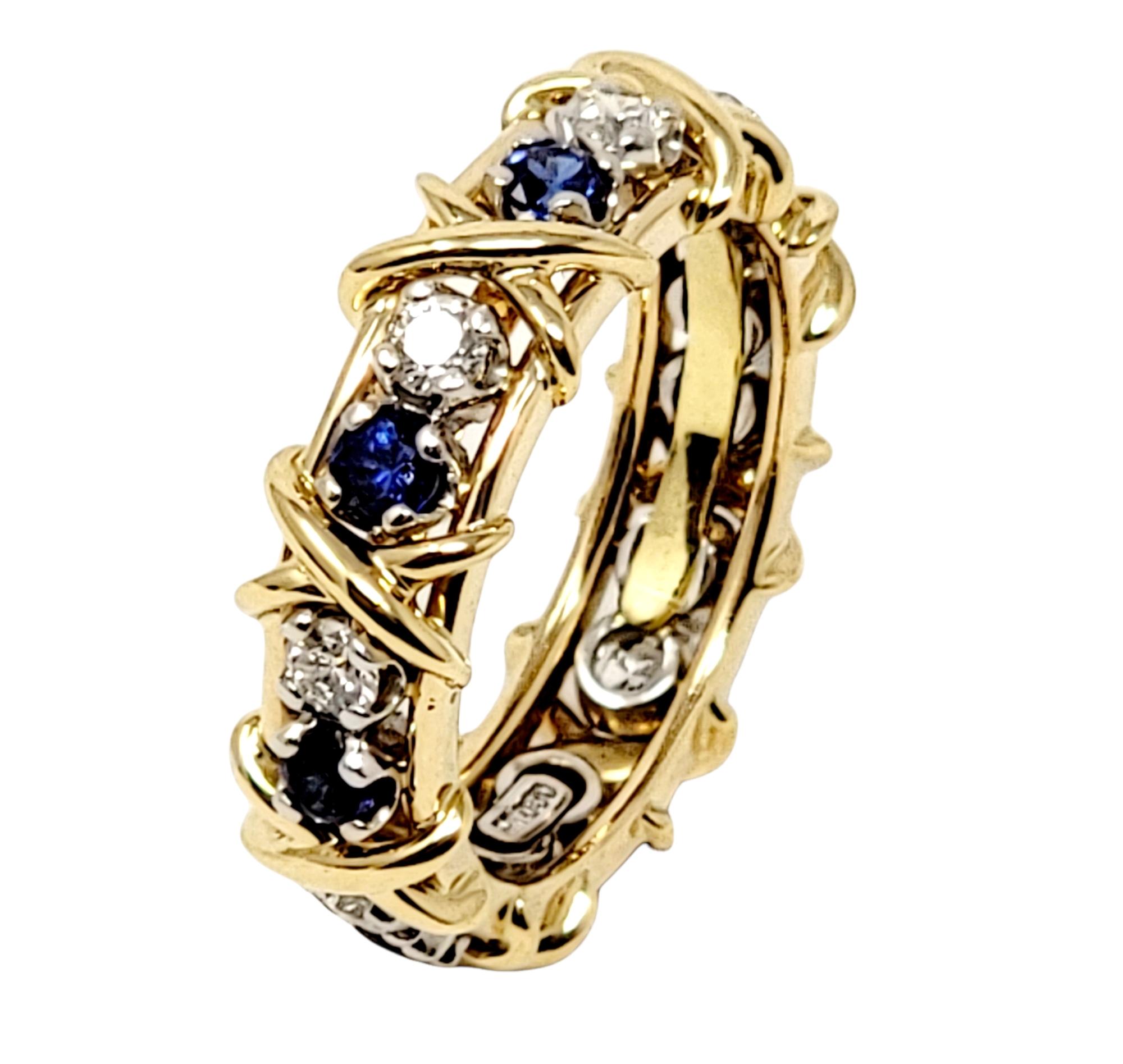 Ring size: 7.5

Absolutely exquisite Sixteen Stone diamond and sapphire eternity band ring by Jean Schlumberger for Tiffany & Co. This gorgeous piece boasts a sophisticated elegance with a contemporary yet classic design. The dazzling Tiffany & Co.