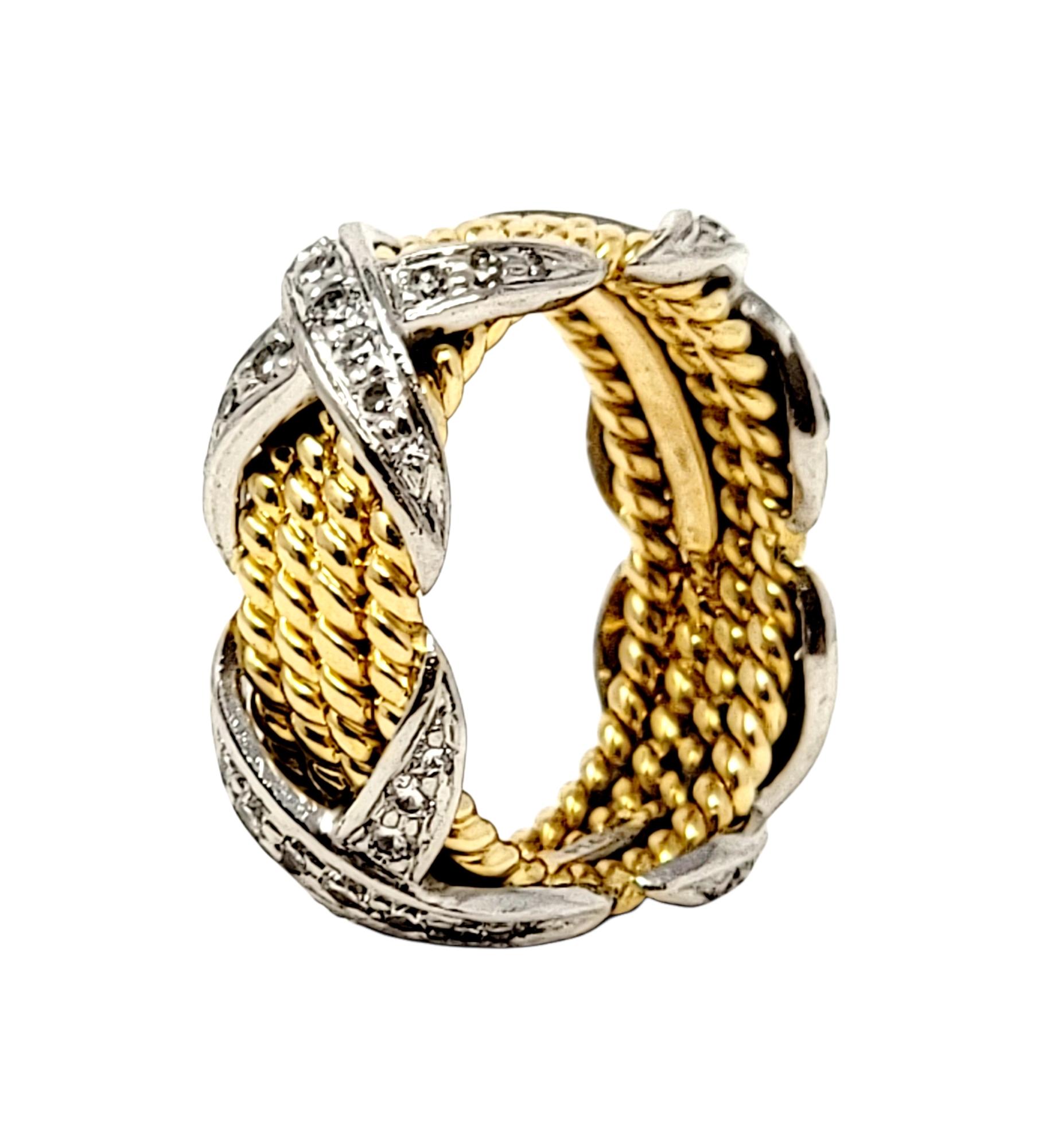 Round Cut Jean Schlumberger for Tiffany & Co. Diamond X Four Row Rope Band Ring Two-Tone For Sale