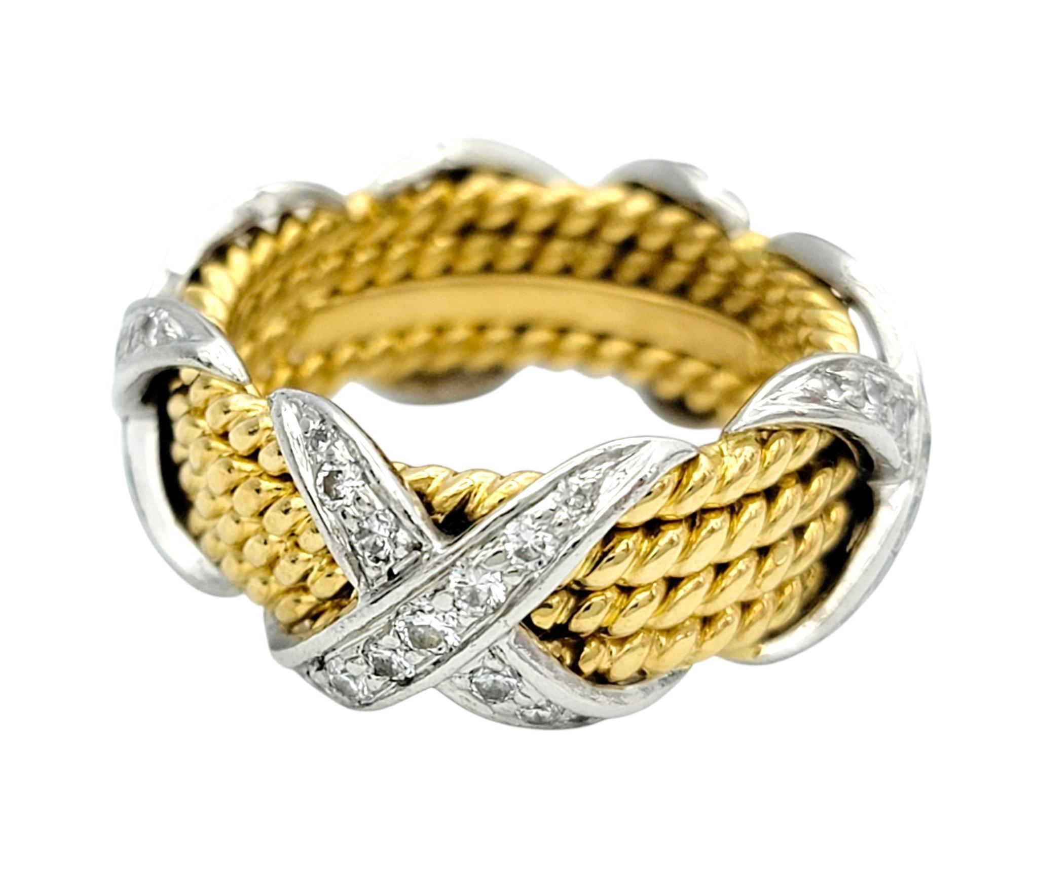 Tiffany and Co. Schlumberger Diamond X Four Row Rope Band Ring 18K Gold ...