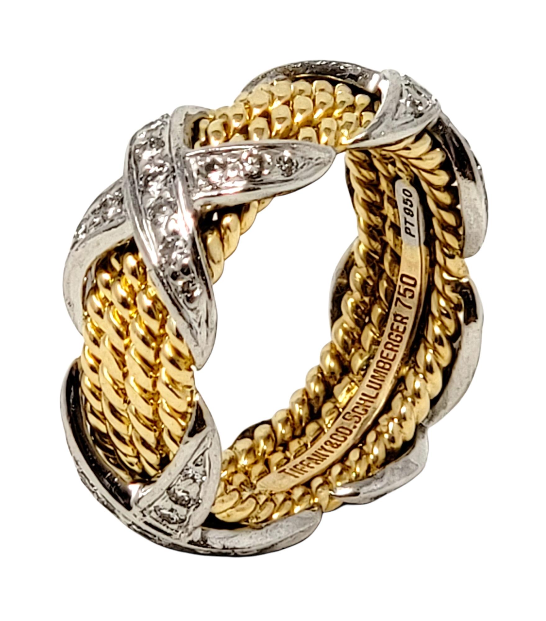 Jean Schlumberger for Tiffany & Co. Diamond X Four Row Rope Band Ring Two-Tone In Excellent Condition For Sale In Scottsdale, AZ