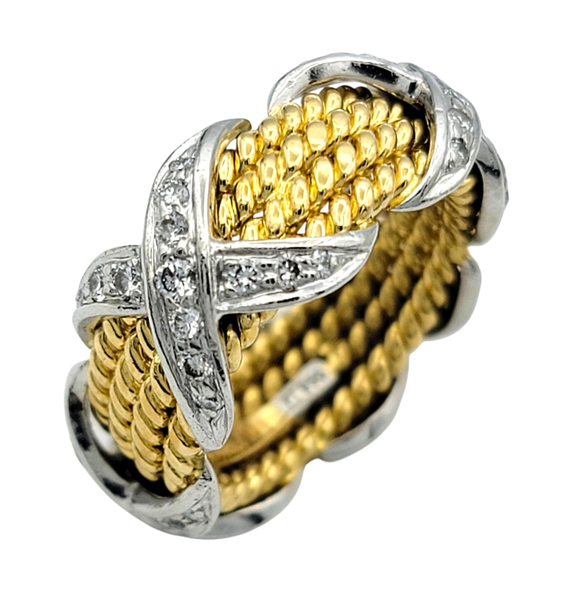 Tiffany and Co. Schlumberger Diamond X Four Row Rope Band Ring 18K Gold ...
