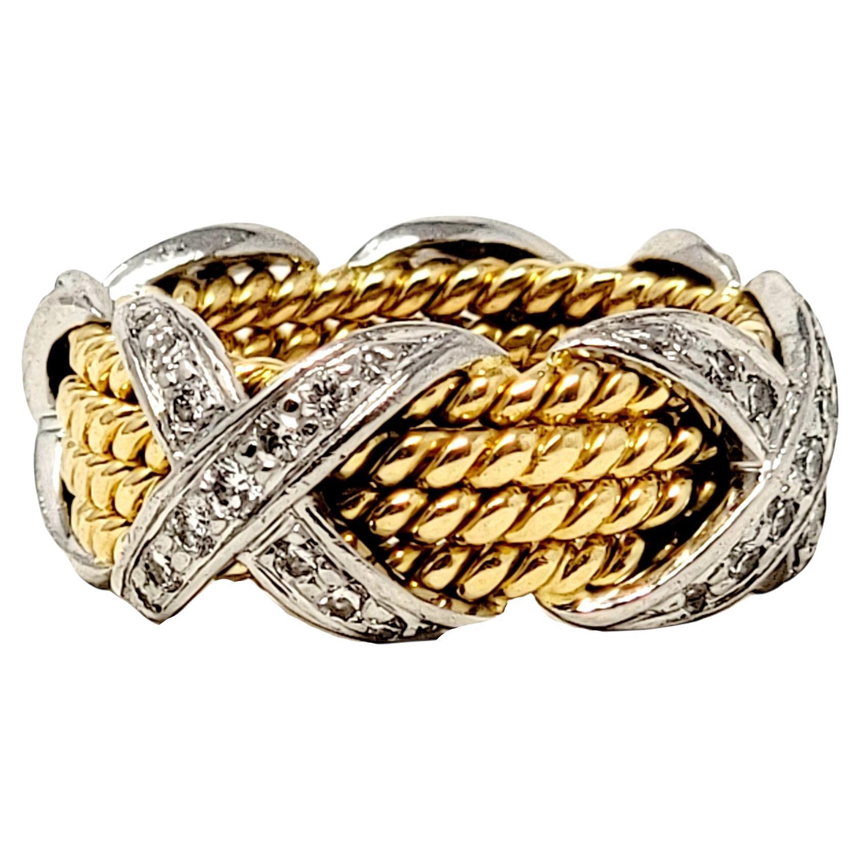 Jean Schlumberger for Tiffany & Co. Diamond X Four Row Rope Band Ring Two-Tone For Sale