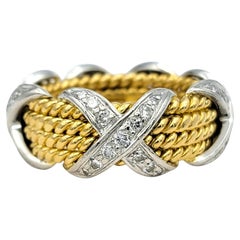 Tiffany & Co. Schlumberger Diamond X Four Row Rope Band Ring 18K Gold & Platinum