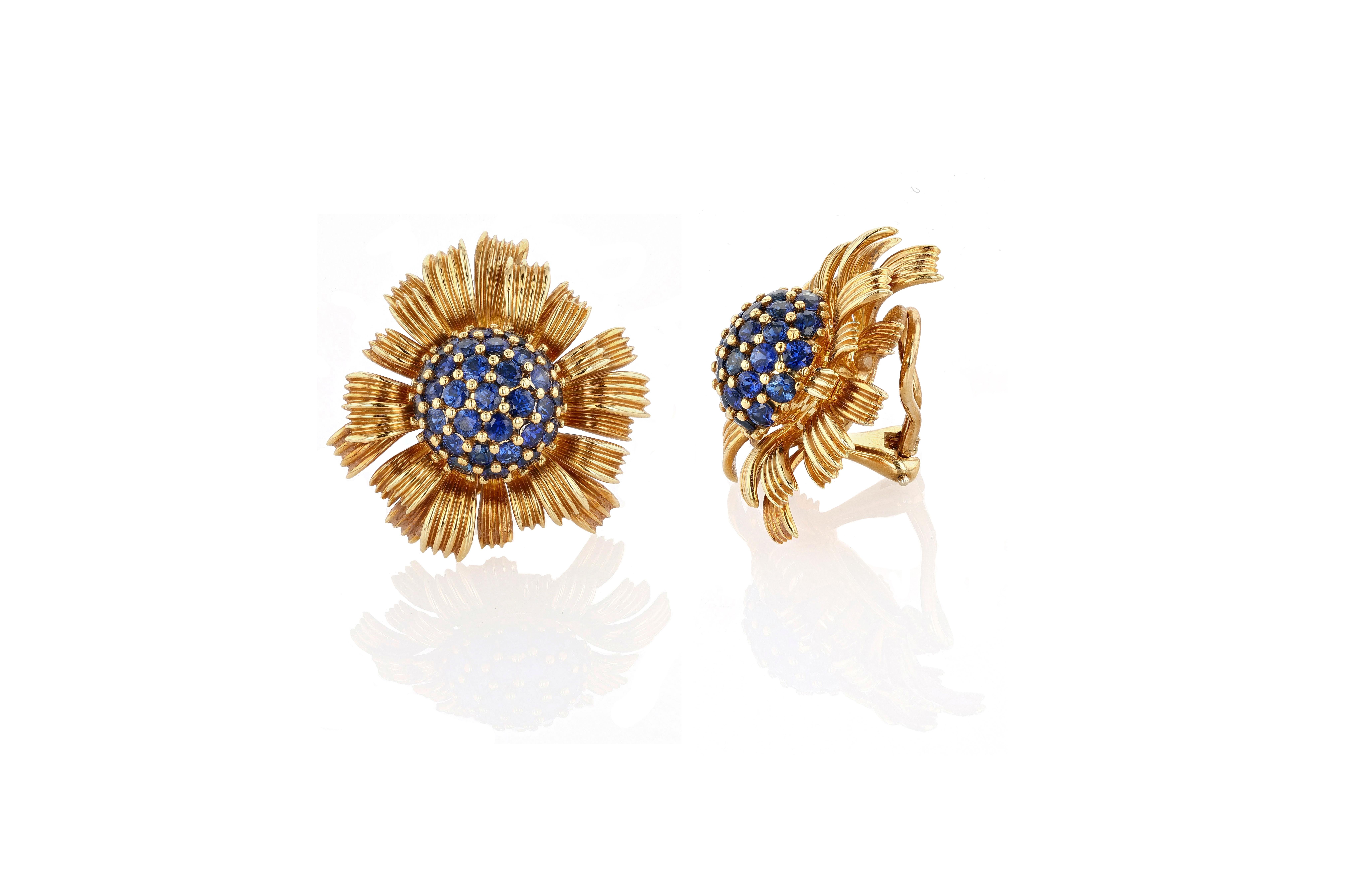 Artist Jean Schlumberger for Tiffany & Co. Gold and Sapphire Dahlia Ear Clips