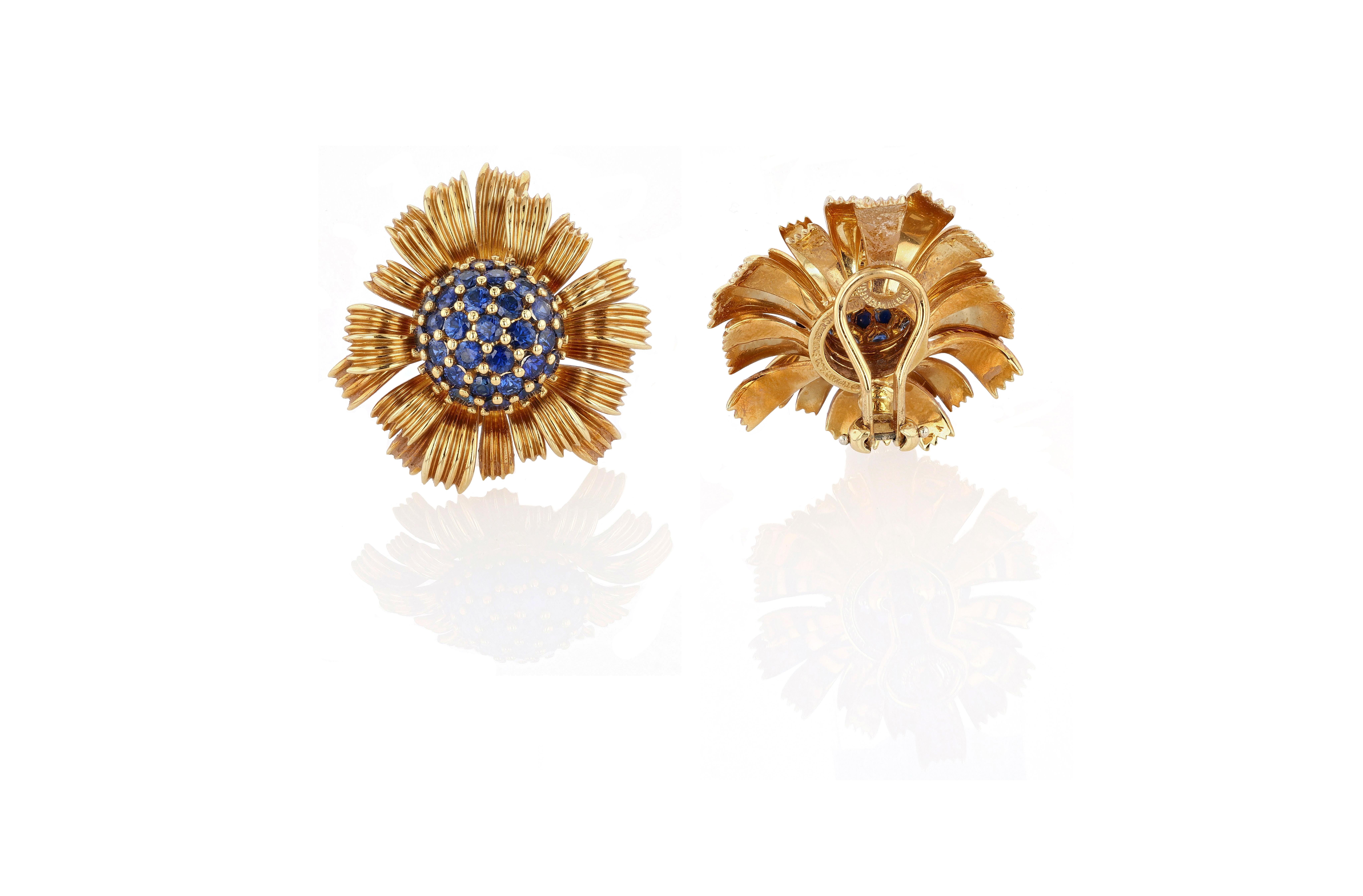 Round Cut Jean Schlumberger for Tiffany & Co. Gold and Sapphire Dahlia Ear Clips