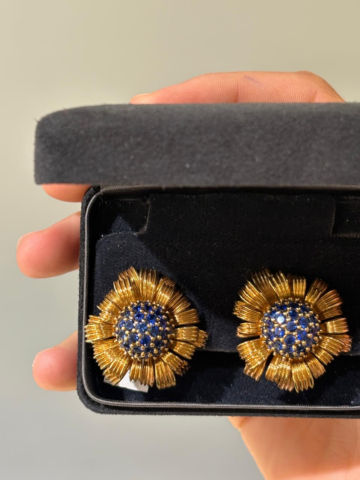 Women's or Men's Jean Schlumberger for Tiffany & Co. Gold and Sapphire Dahlia Ear Clips