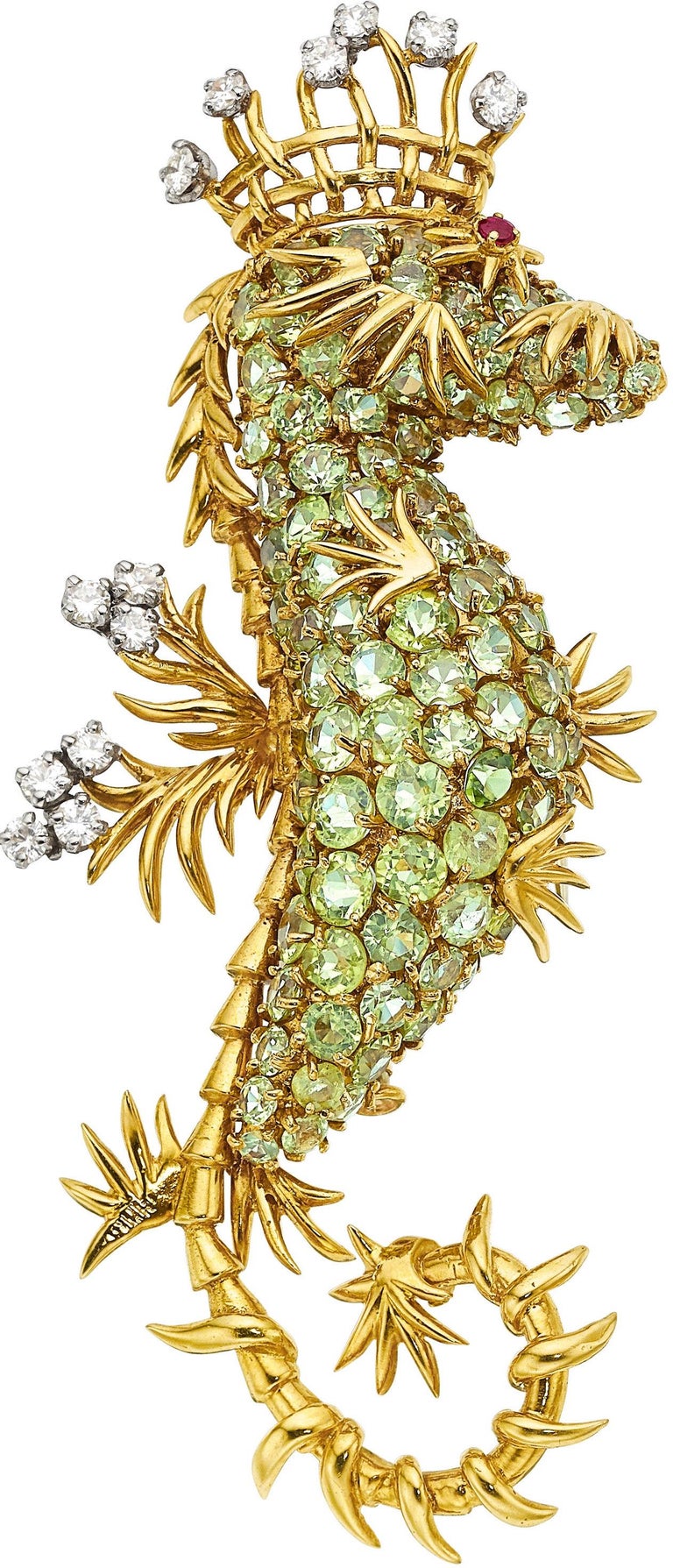 Jean Schlumberger for Tiffany & Co. Peridot, Diamond, Ruby and 18k Yellow Gold Seahorse Brooch 

Rooted in the visual language of French surrealism, but with a distinctly whimsical flair, Jean Schlumberger was a master of bringing the natural world