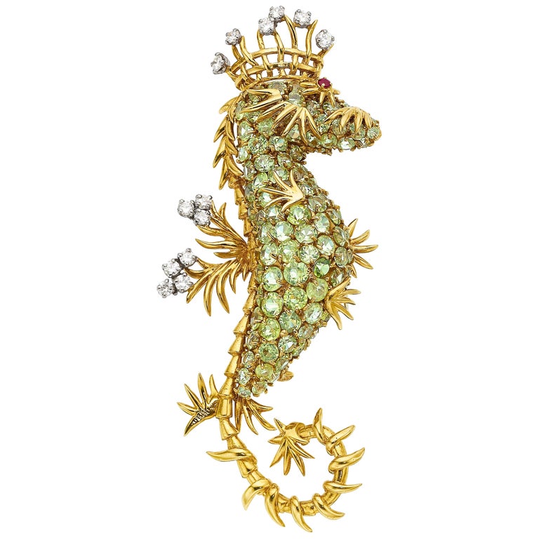 Jean Schlumberger for Tiffany & Co. Peridot, Diamond, Ruby and Gold Seahorse