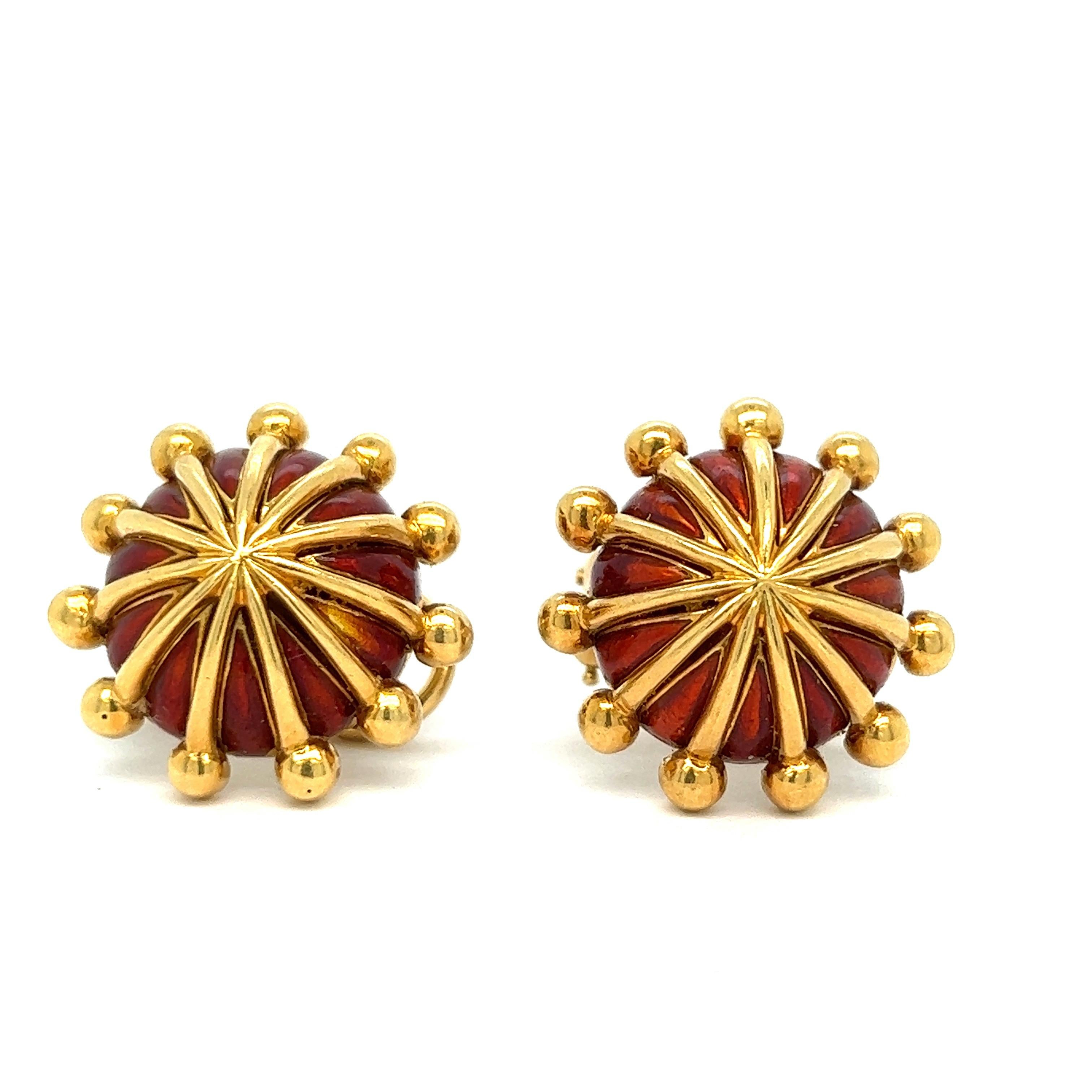 Pair of 18k yellow gold classic earrings, designed by Jean Schlumberger for Tiffany & Co, adorned with red enamel top. The earrings measure 0.75