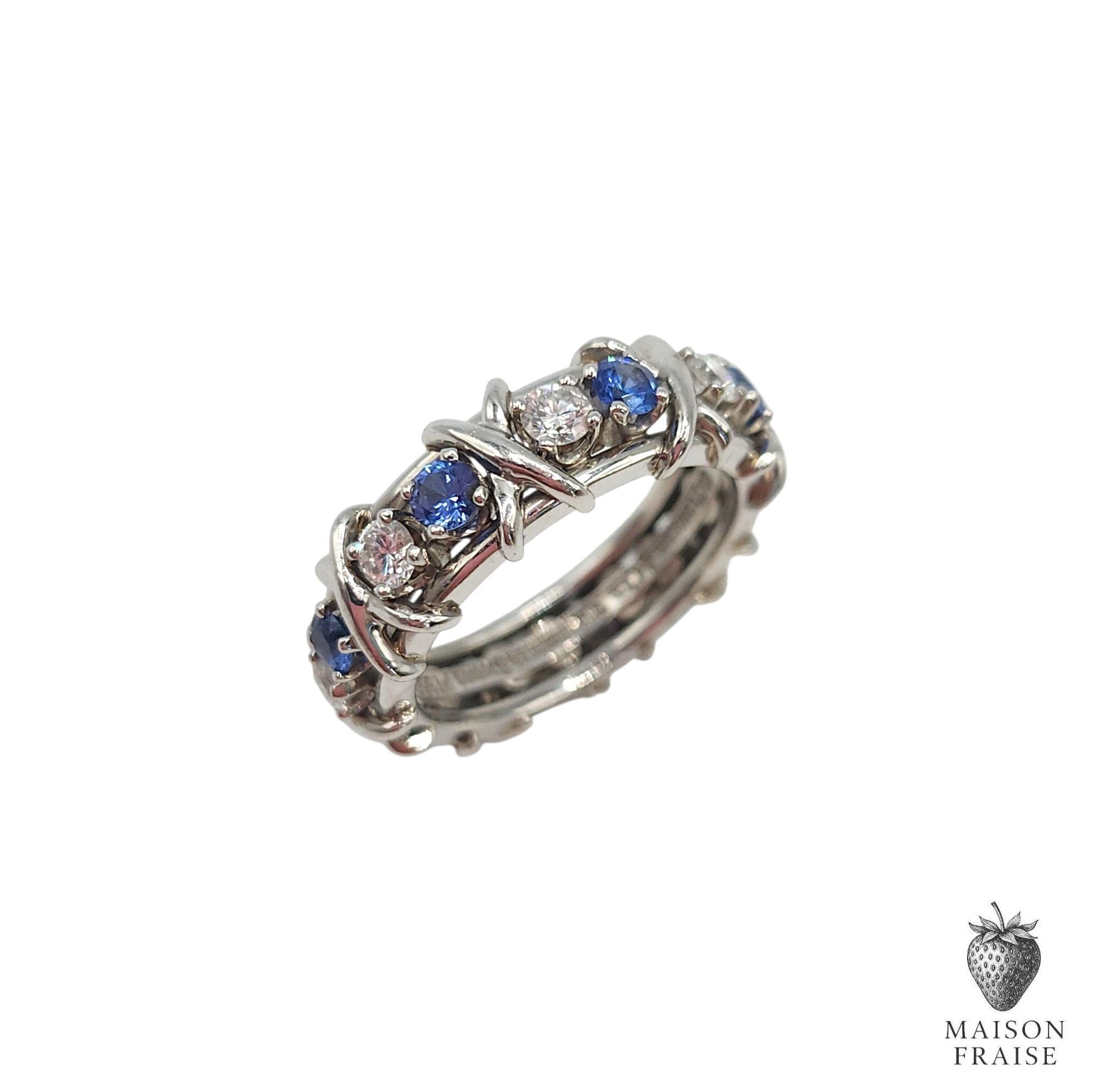 Jean Schlumberger for Tiffany & Co. Zafiro Diamante 16 Piedras Anillo Platino US 6 Moderno en venta