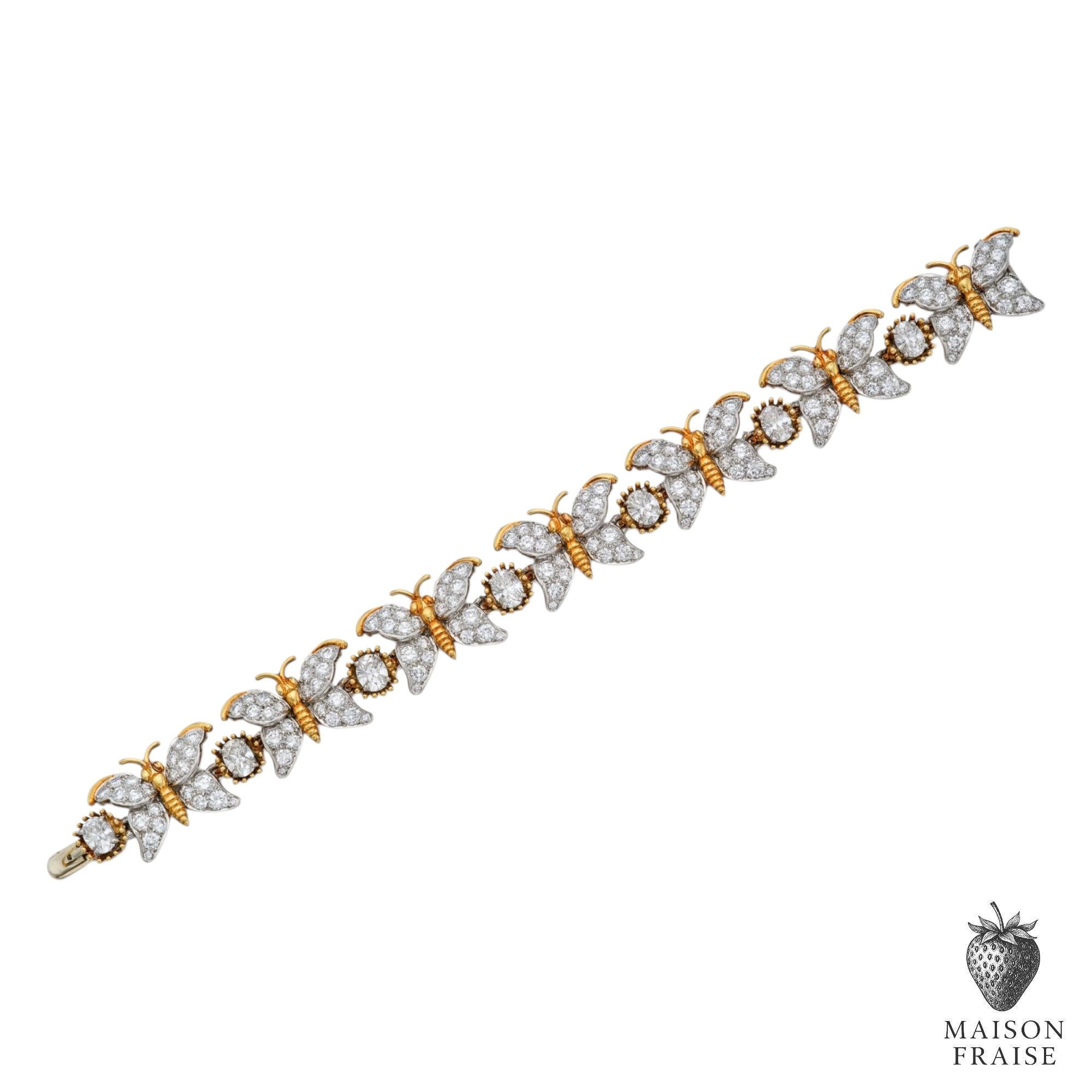 Jean Schlumberger for Tiffany & Co. Seven Butterflies Diamond Bracelet in Platinum and Yellow Gold

Signed: Tiffany Schlumberger 
Creator/Maker: Jean Schlumberger for Tiffany & Co.
Materials:  Yellow Gold, Platinum, Diamonds
Dimensions: Approx 6½