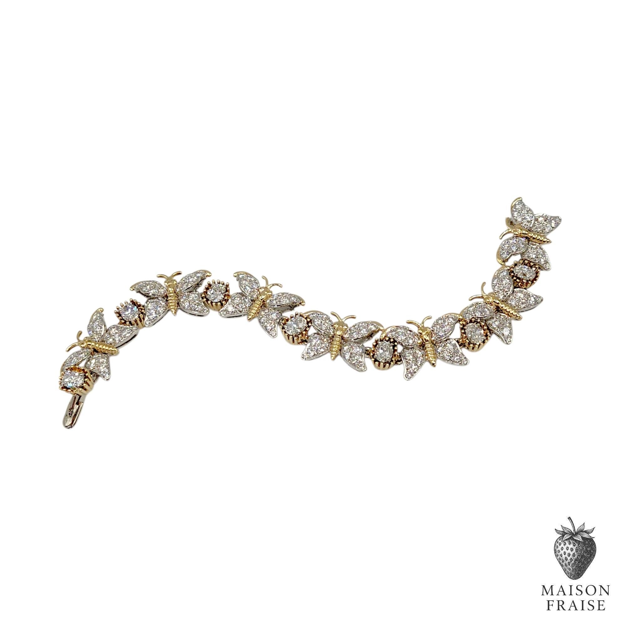 Jean Schlumberger für Tiffany & Co. Sieben Schmetterlinge Diamantarmband aus Platin und Gelbgold

Unterzeichnet: Tiffany Schlumberger 
Schöpfer/Macher: Jean Schlumberger für Tiffany & Co.
MATERIALIEN:  Gelbgold, Platin, Diamanten
Abmessungen: