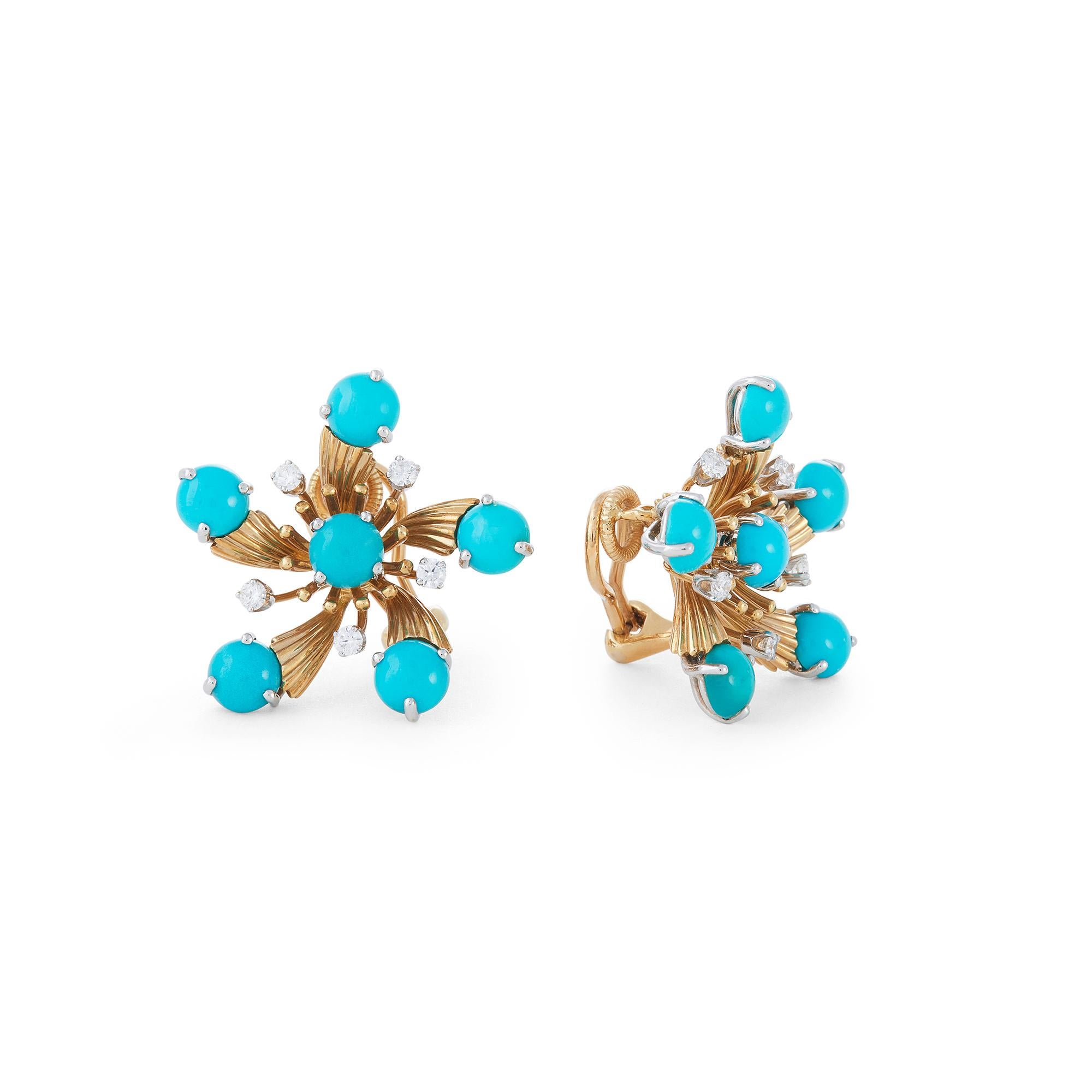 Contemporary Jean Schlumberger for Tiffany & Co. 'Snowflake' Turquoise and Diamond Ear Clips