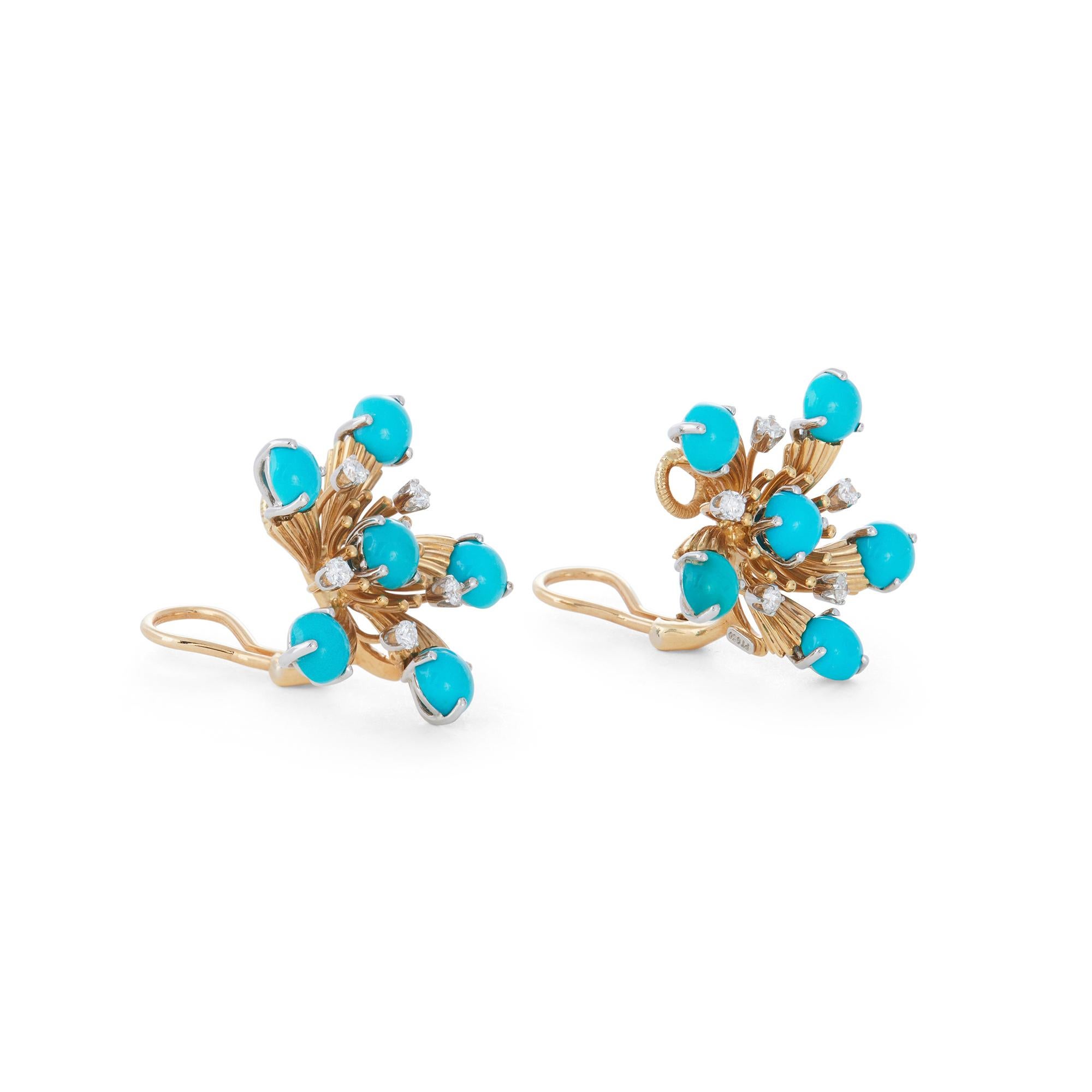 Round Cut Jean Schlumberger for Tiffany & Co. 'Snowflake' Turquoise and Diamond Ear Clips