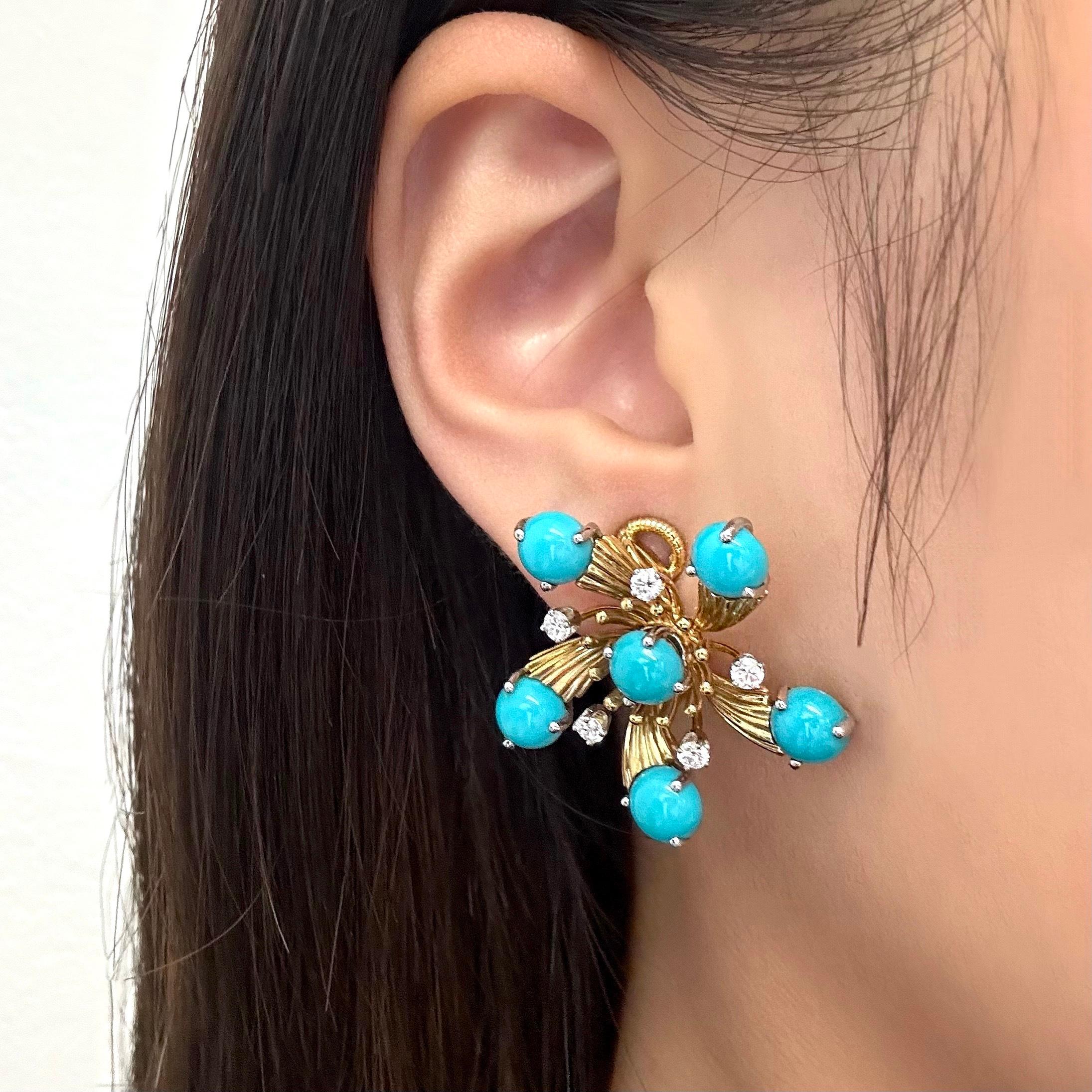 Women's or Men's Jean Schlumberger for Tiffany & Co. 'Snowflake' Turquoise and Diamond Ear Clips