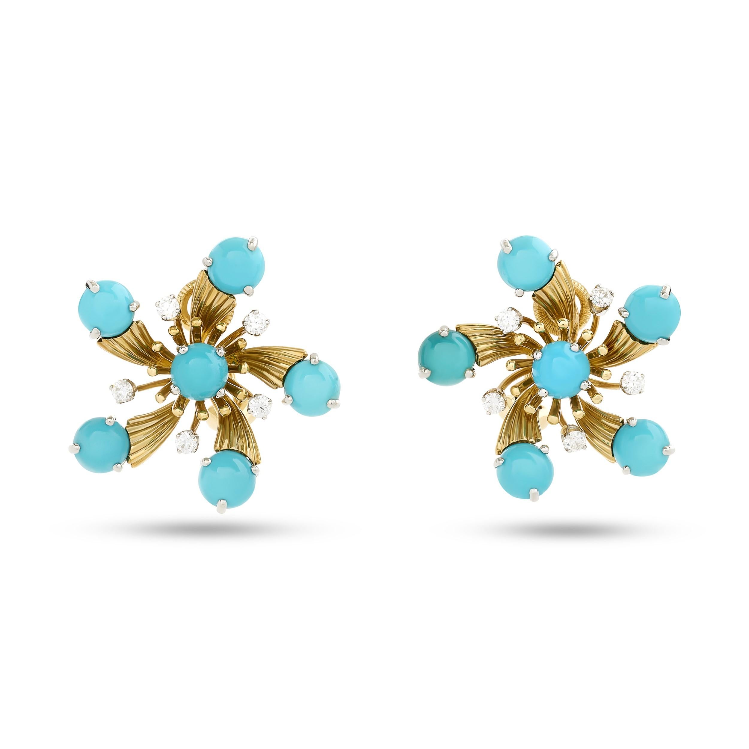 Jean Schlumberger For Tiffany & Co. Snowflake Turquoise & Diamond Earrings In Excellent Condition In Miami, FL