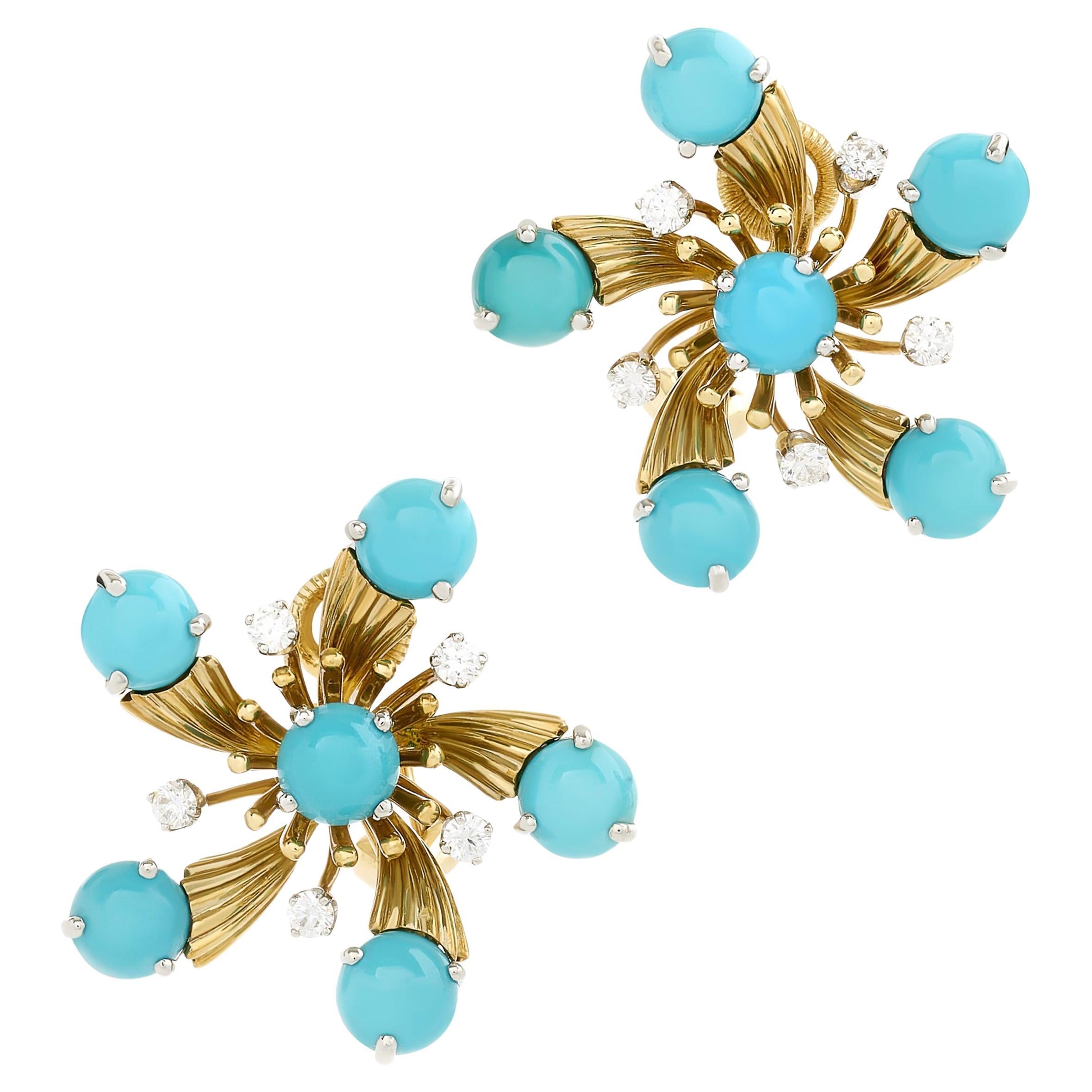 Jean Schlumberger For Tiffany & Co. Snowflake Turquoise & Diamond Earrings