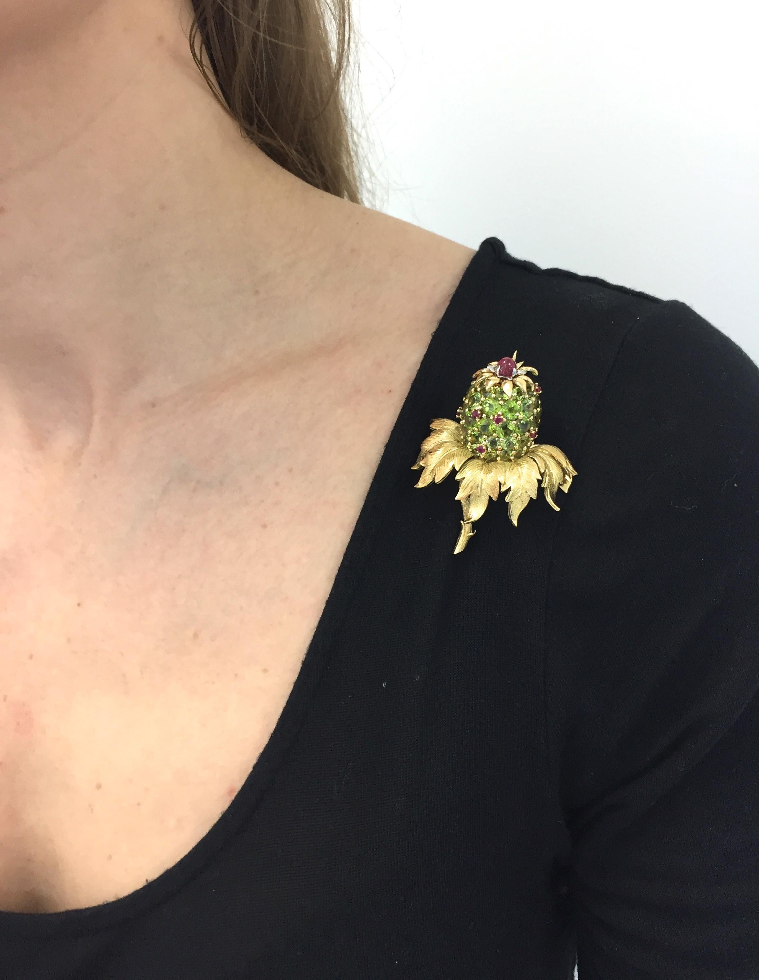 Round Cut Tiffany & Co . Jean Schlumberger 'Pineapple' Peridot and Ruby Brooch