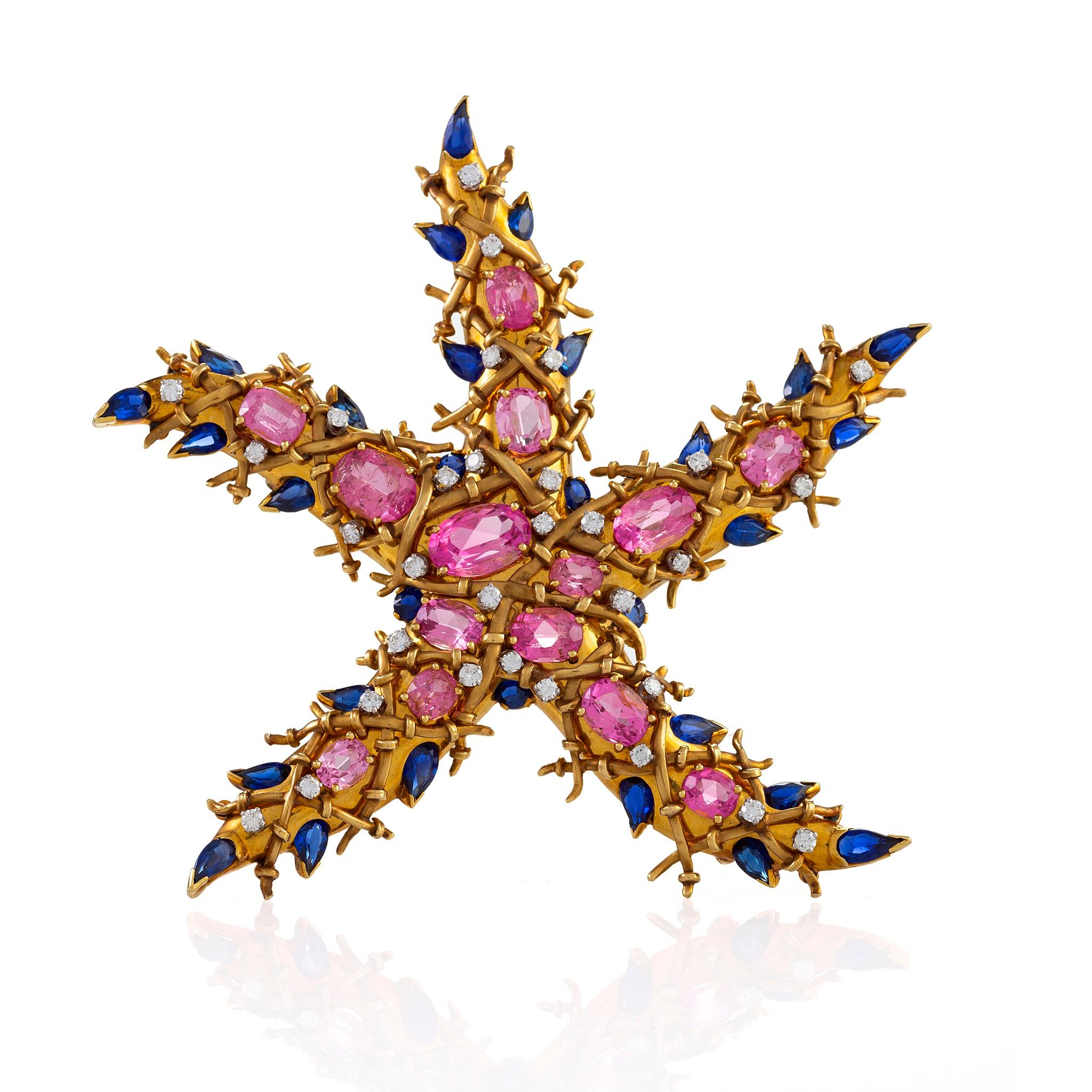 Jean Schlumberger Pink Tourmaline and Sapphire “Étoile de Mer” Starfish Brooch In Excellent Condition In New York, NY