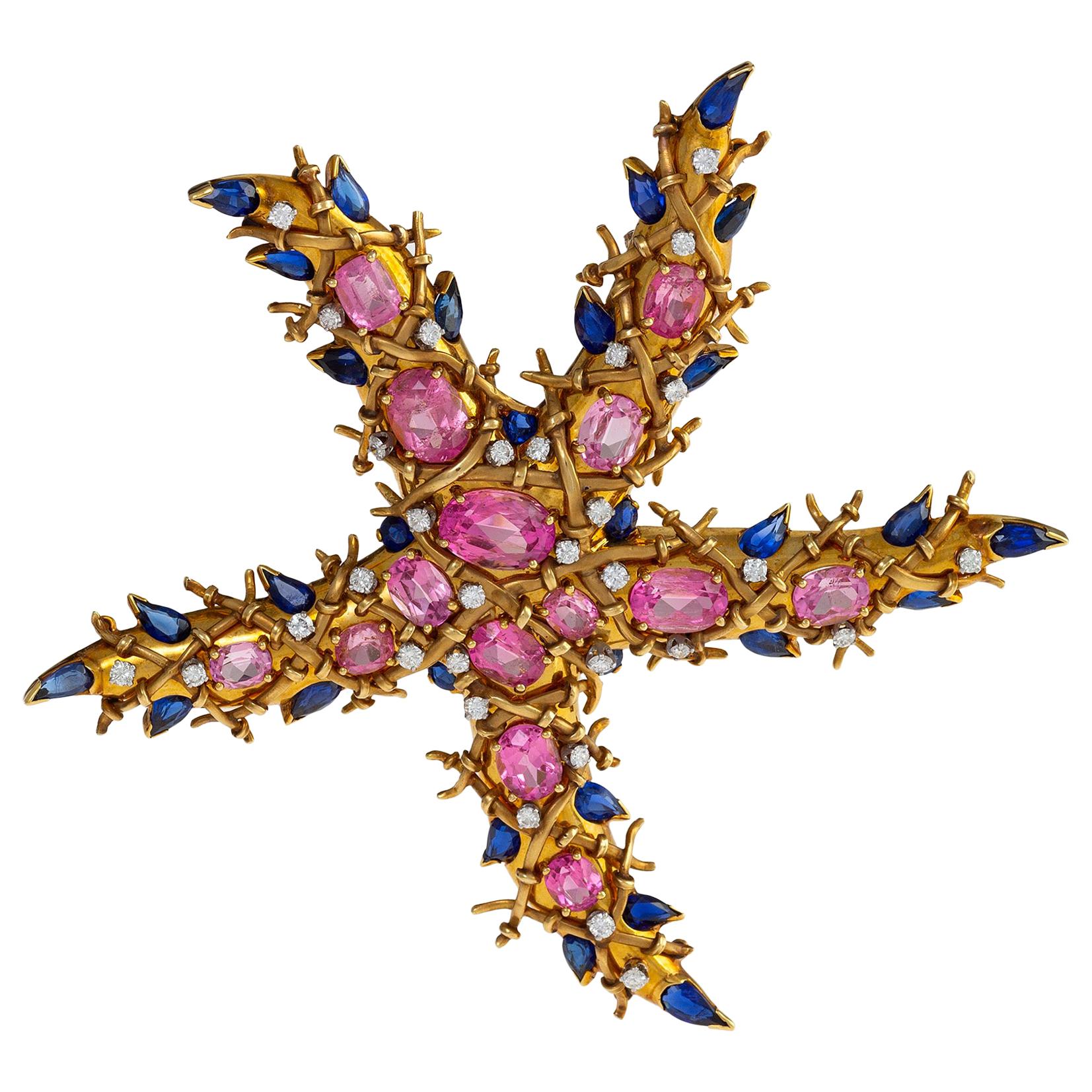 Jean Schlumberger Pink Tourmaline and Sapphire “Étoile de Mer” Starfish  Brooch For Sale at 1stDibs