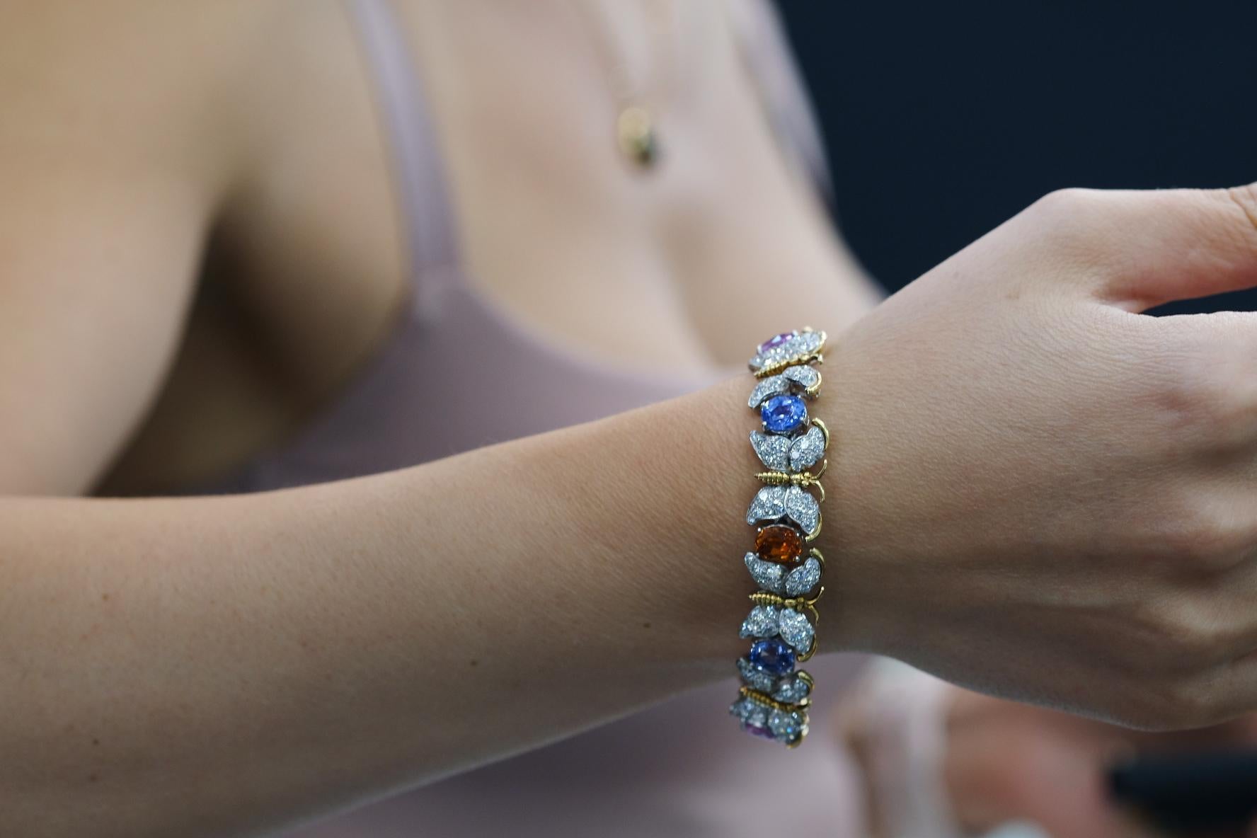 Jean Schlumberger Platinum & Gold Butterfly Motif Diamond and Gemstone Bracelet In Excellent Condition For Sale In New York, NY