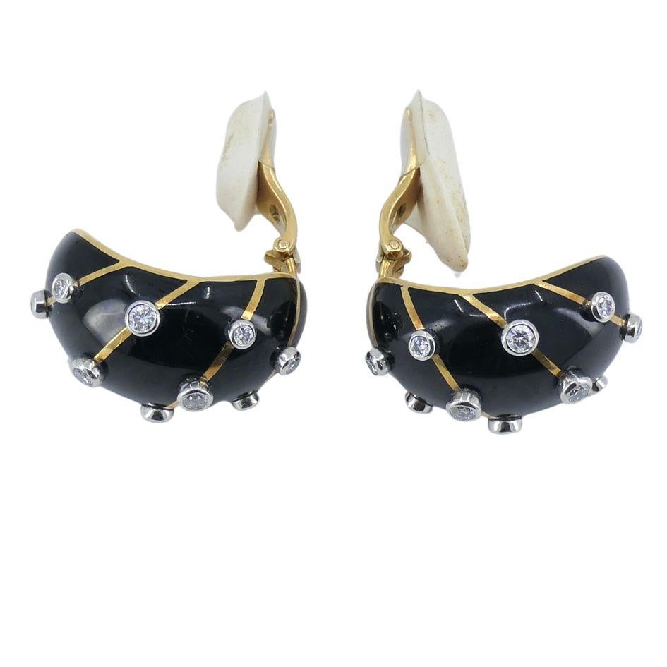 Jean Schlumberger Tiffany & Co. Pendientes Banana de oro de 18 quilates, platino y esmalte con diamantes en Bueno estado para la venta en Beverly Hills, CA