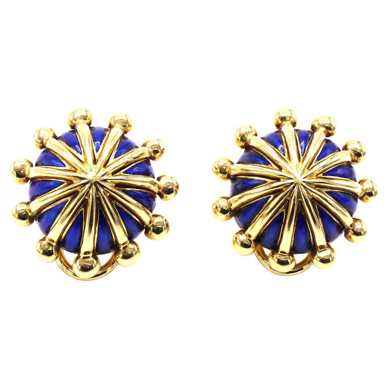 Jean Schlumberger Tiffany & Co. Blue Enamel Gold " Umbrella Top " Ear Clips For Sale