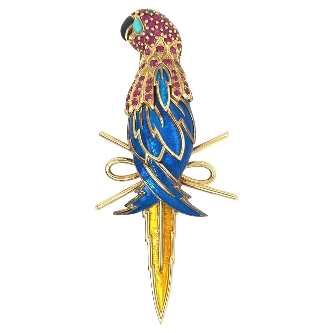 JEAN SCHLUMBERGER, TIFFANY & CO., Yellow Gold, Ruby, Turquoise and Enamel Brooch For Sale