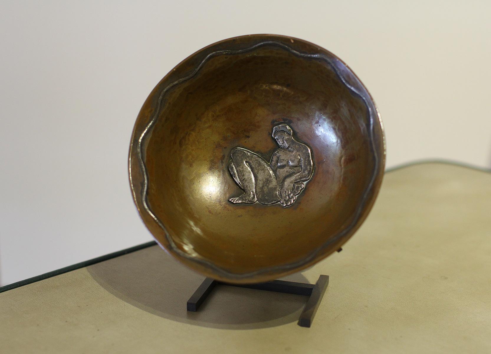 French Jean Serriere, Hammered Copper and Silver Bowl, 1922-1925 For Sale