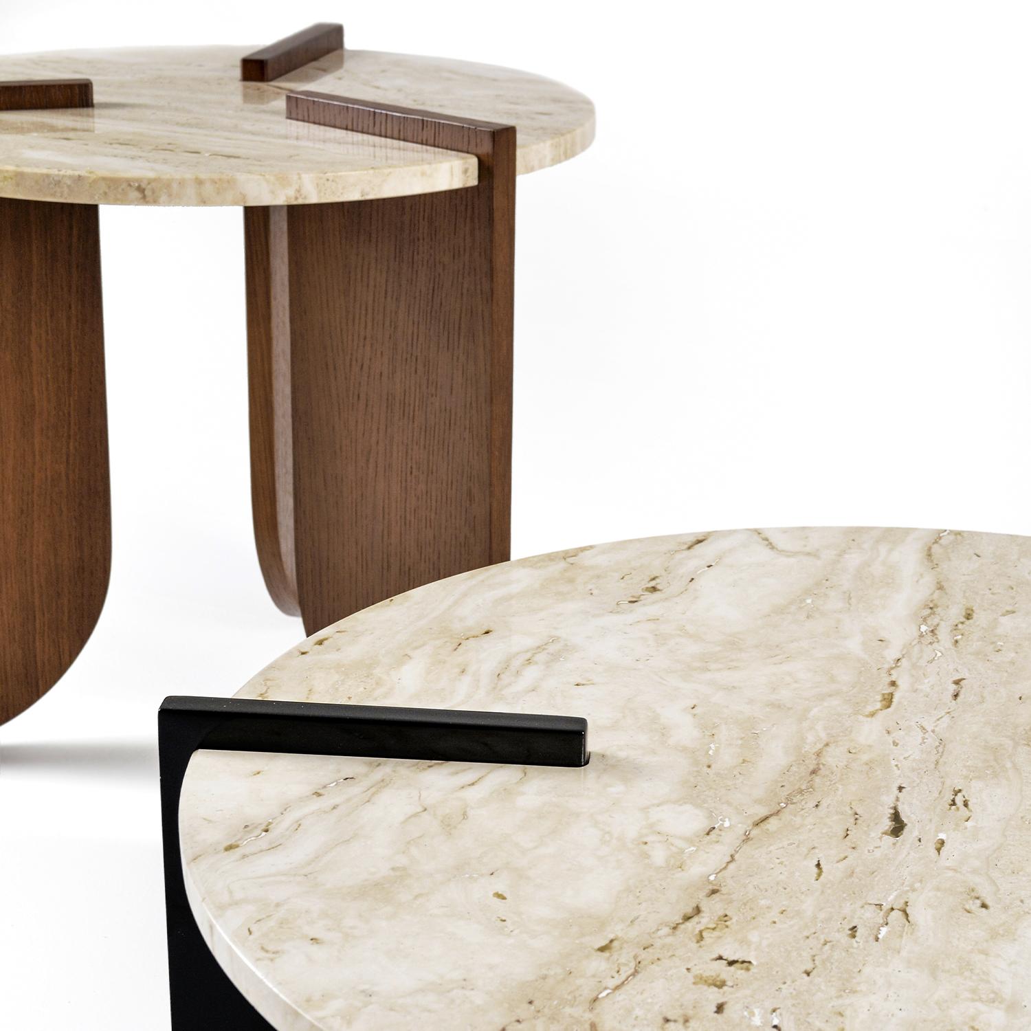 Hand-Crafted Jean Side Table, Lacquered Mdf Legs, Polished Travertine Marble Top For Sale