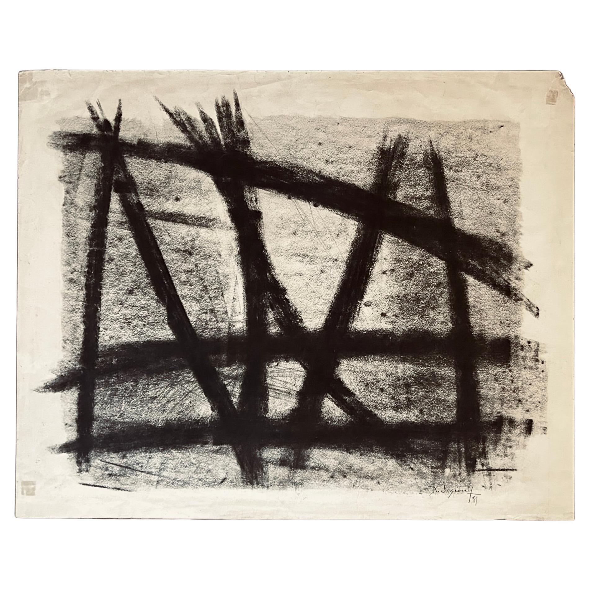 Jean Signovert, Französisch 1919-1981- Ohne Titel, 1951; Kohle Abstrakt