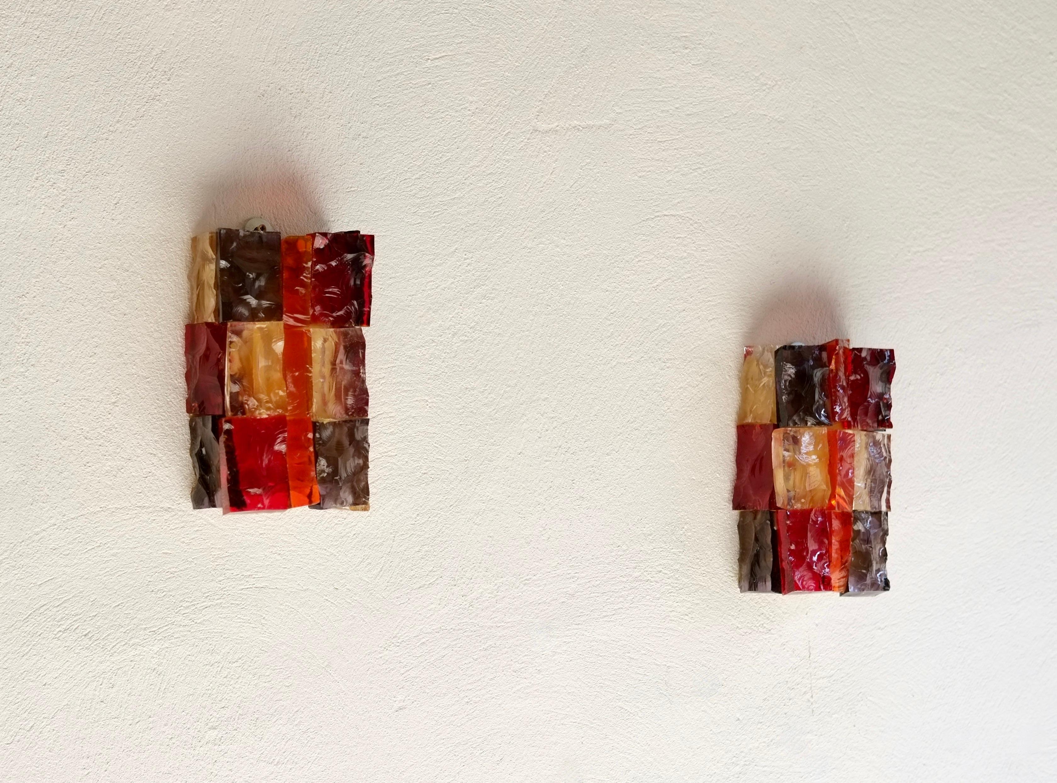 A pair of multicoloured glass patchwork sconces by French designer Jean Simon Labret, France, 1970's.