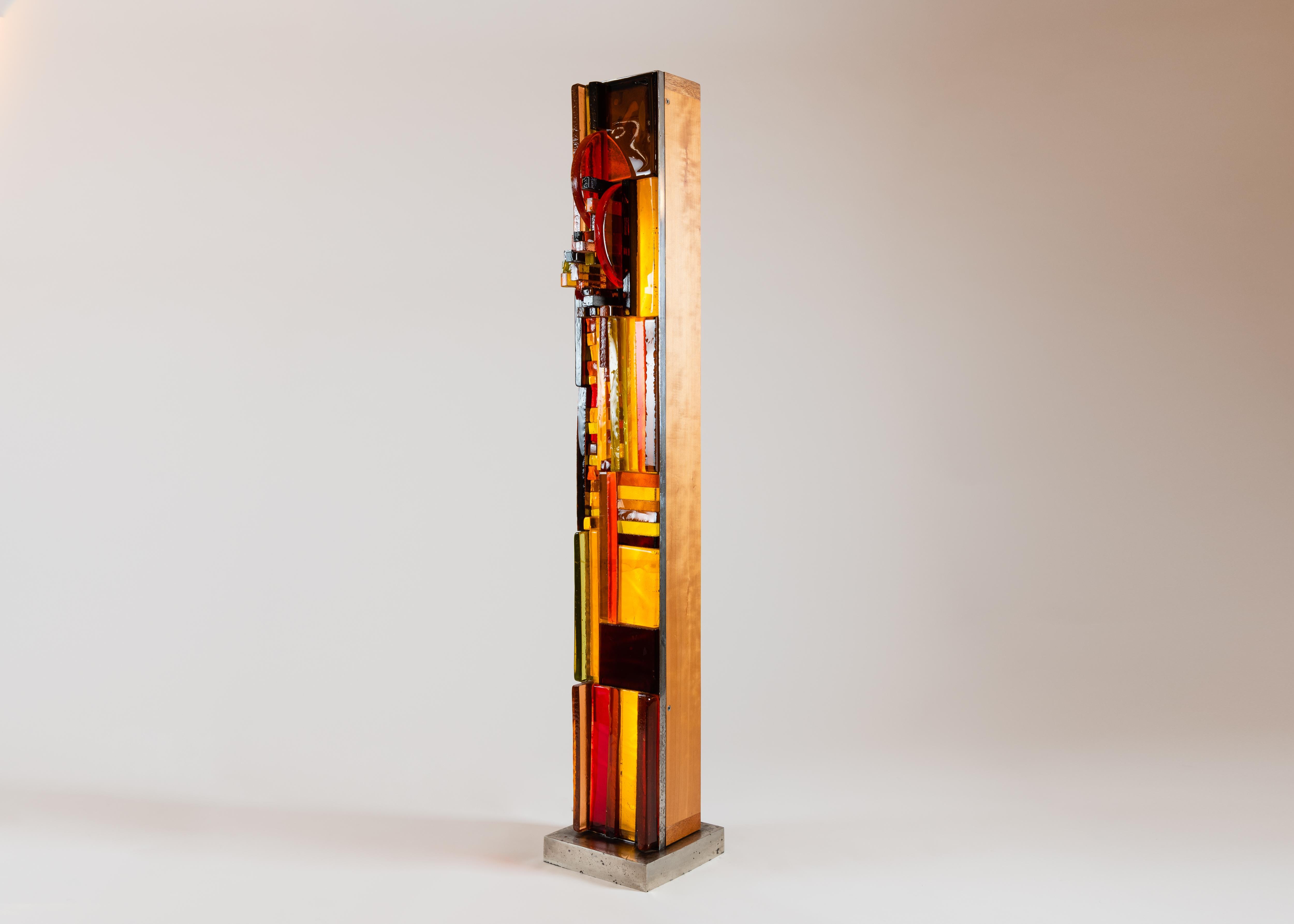 With this illuminated sculpture Labret renders stained glass -- an elemental part of his artistic heritage -- vividly three dimensional, endowing it's planar composition solidity with a magma like texture and crisscrossing forms that spring forth