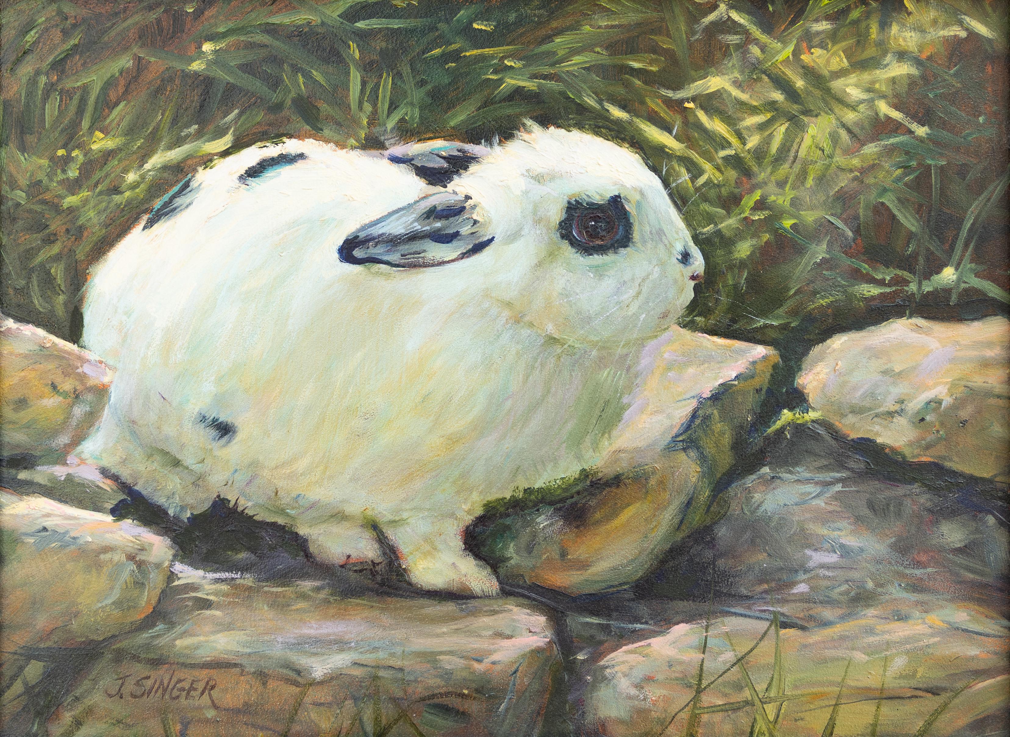 Jean Singer Animal Painting - "Bunny on the Rocks" Cute Nature Rabbit Landscape Hare Furry Friend Pet Sweet