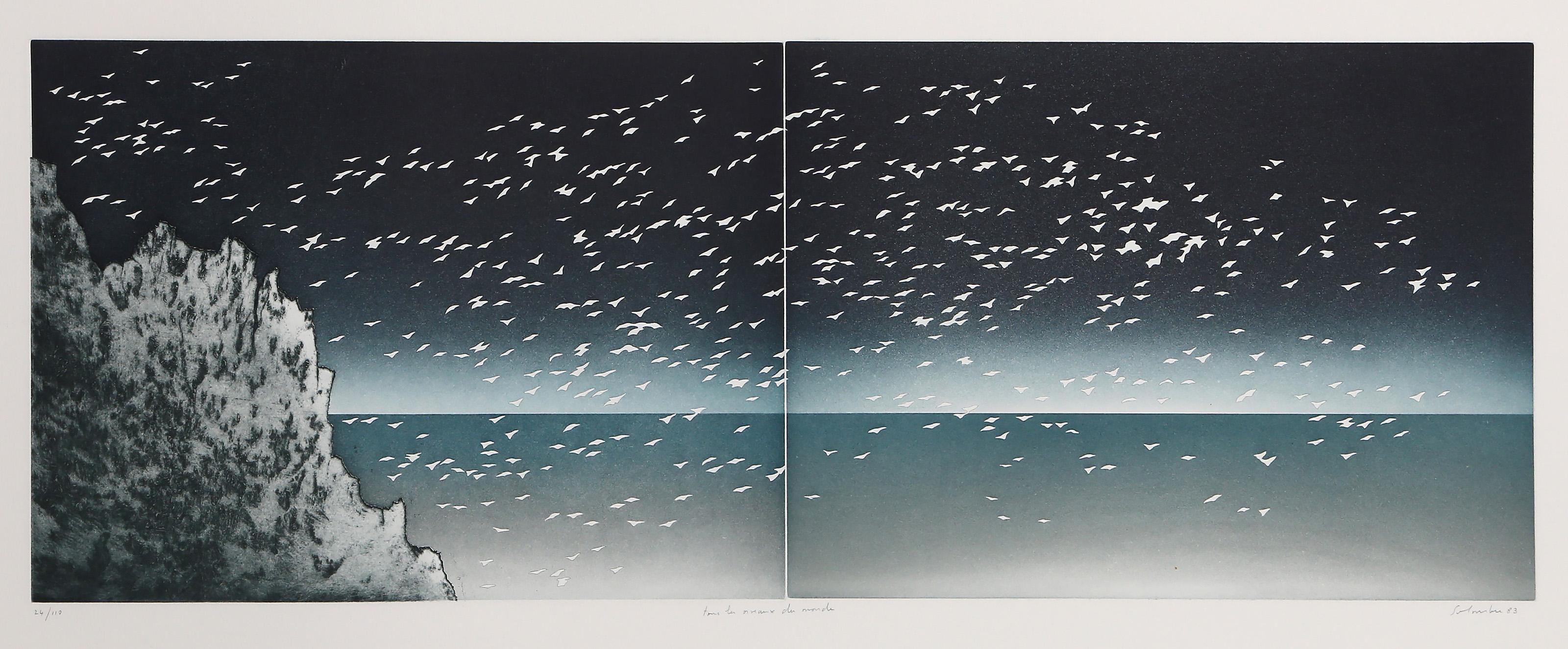 Jean Solombre, French (1948 - ) - Tous Les Oiseaux Du Monde, Year:  1983, Medium:  Etching with Aquatint on Arches, signed, titled and numbered in pencil, Edition:  24/110, Image Size:  11.75 x 31 inches, Size:  21 x 41.5 in. (53.34 x 105.41 cm)