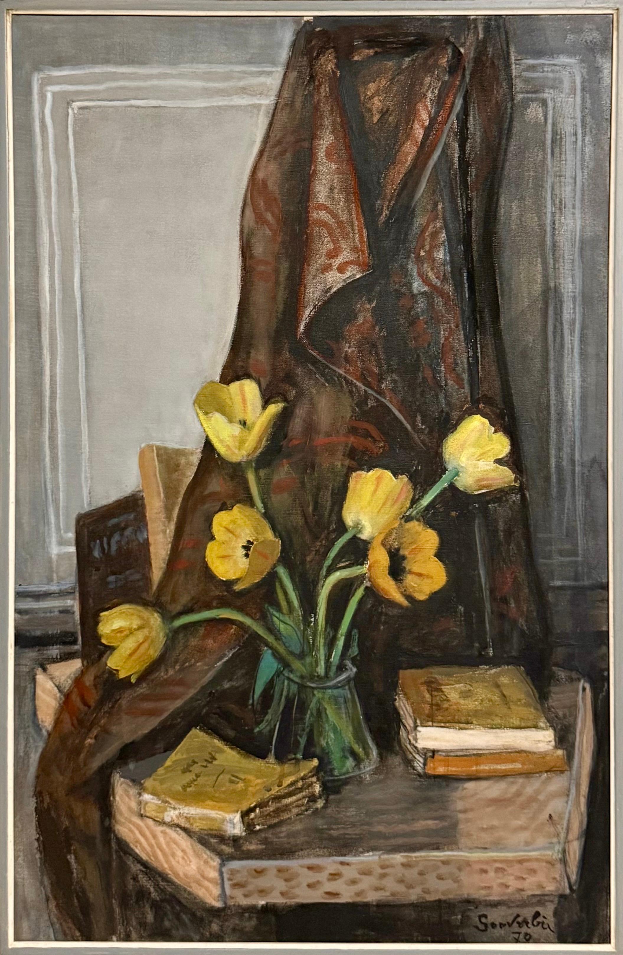 Grande pittura a olio francese modernista nabi Jean Souverbie Natura morta Tulipes Jaune in vendita 1